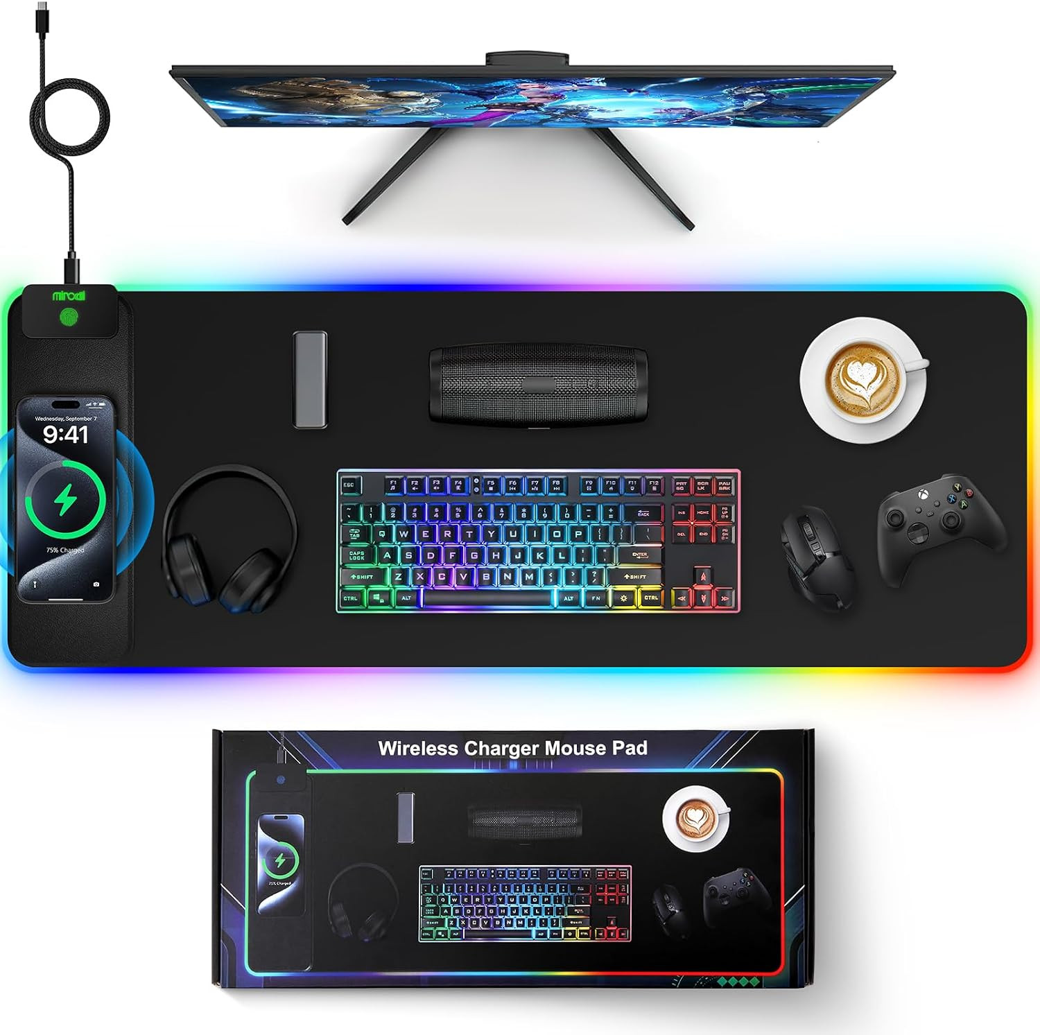 Magnetic Charging Mouse Pad, 31.5x11.81 Inch XL Gaming Mousepad, 11+5 RGB Lighti