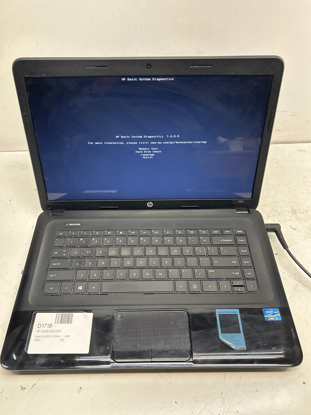 HP 2000-2b22DX Intel i3-3120M 2.5GHz  4GB NO HDD