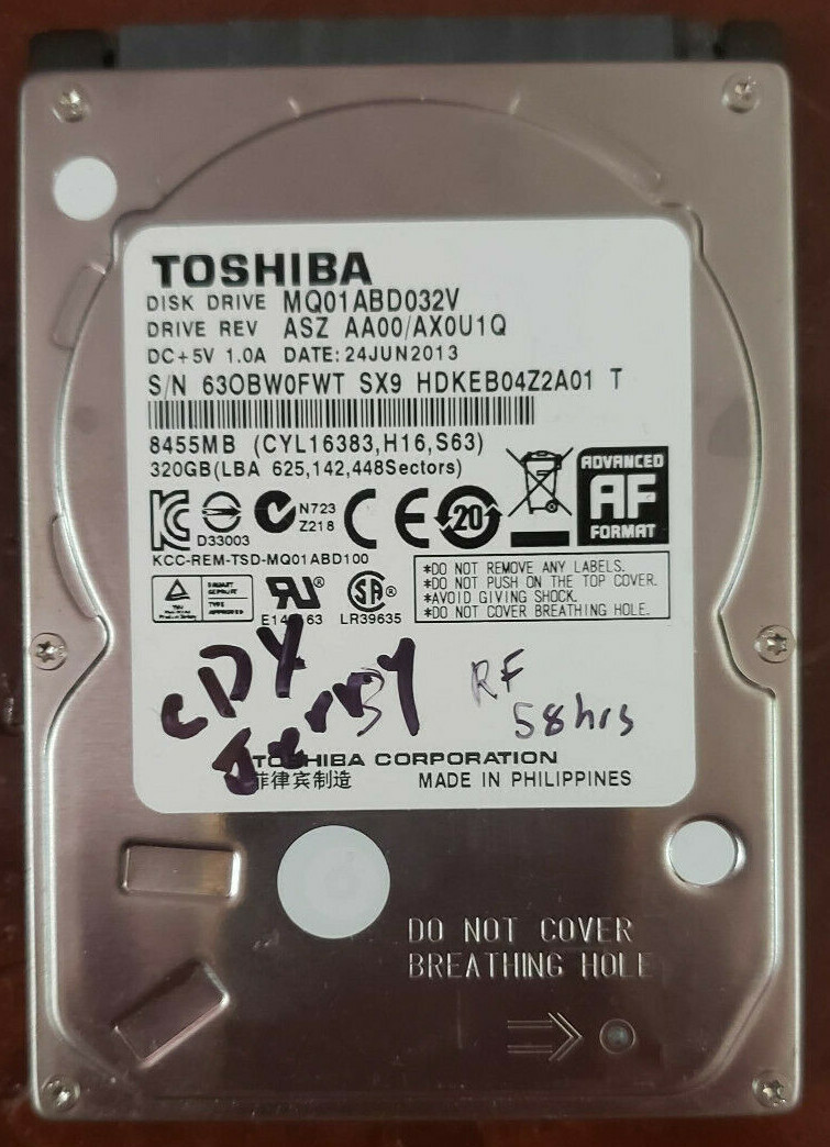 Toshiba MQ01ABD032V 320GB, Internal, 5400 RPM, 2.5" Hard Drive, Storage, As-is