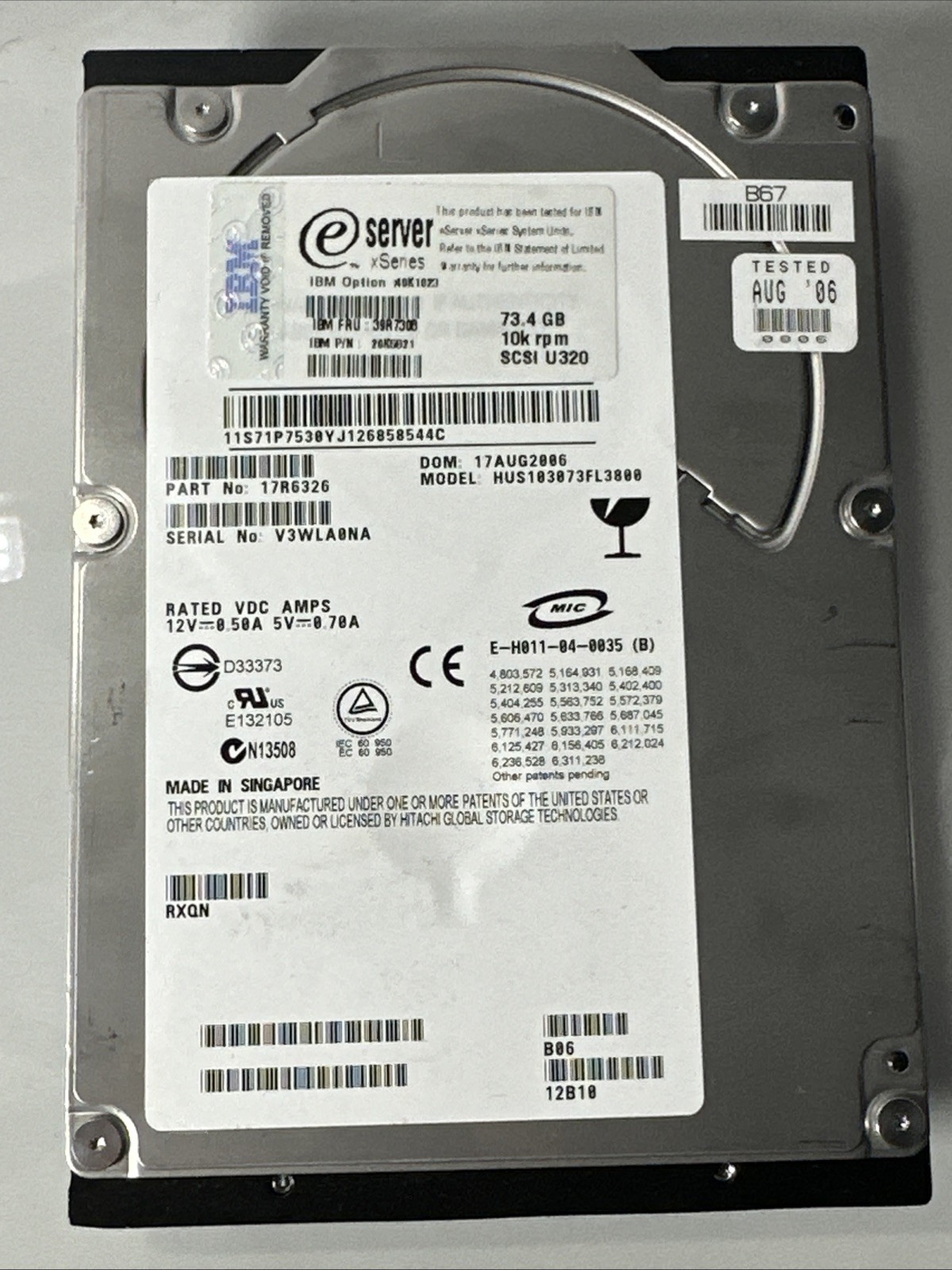 IBM 73.4GB 10K RPM Ultra320 SCSI HDD HUS103073FL3800 39R7308 Server