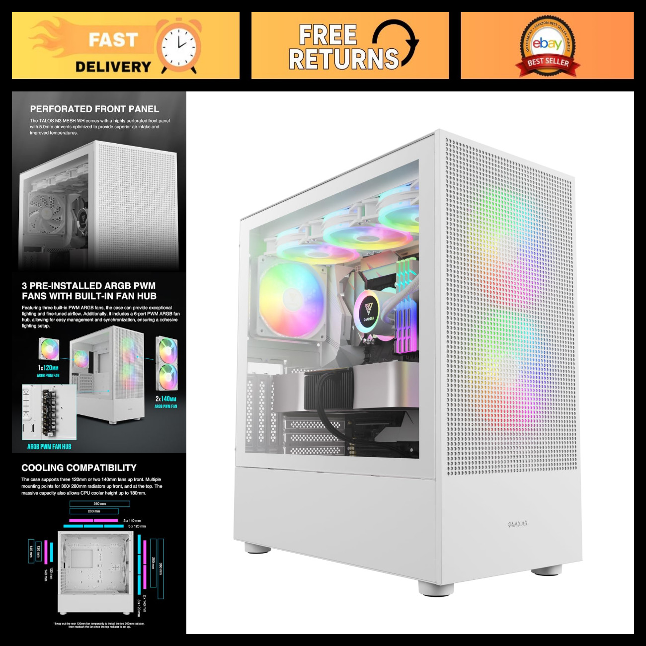 White E-ATX Mid Tower Gaming PC Case, Tempered Glass, USB-C, 3 ARGB Fans, 360mm