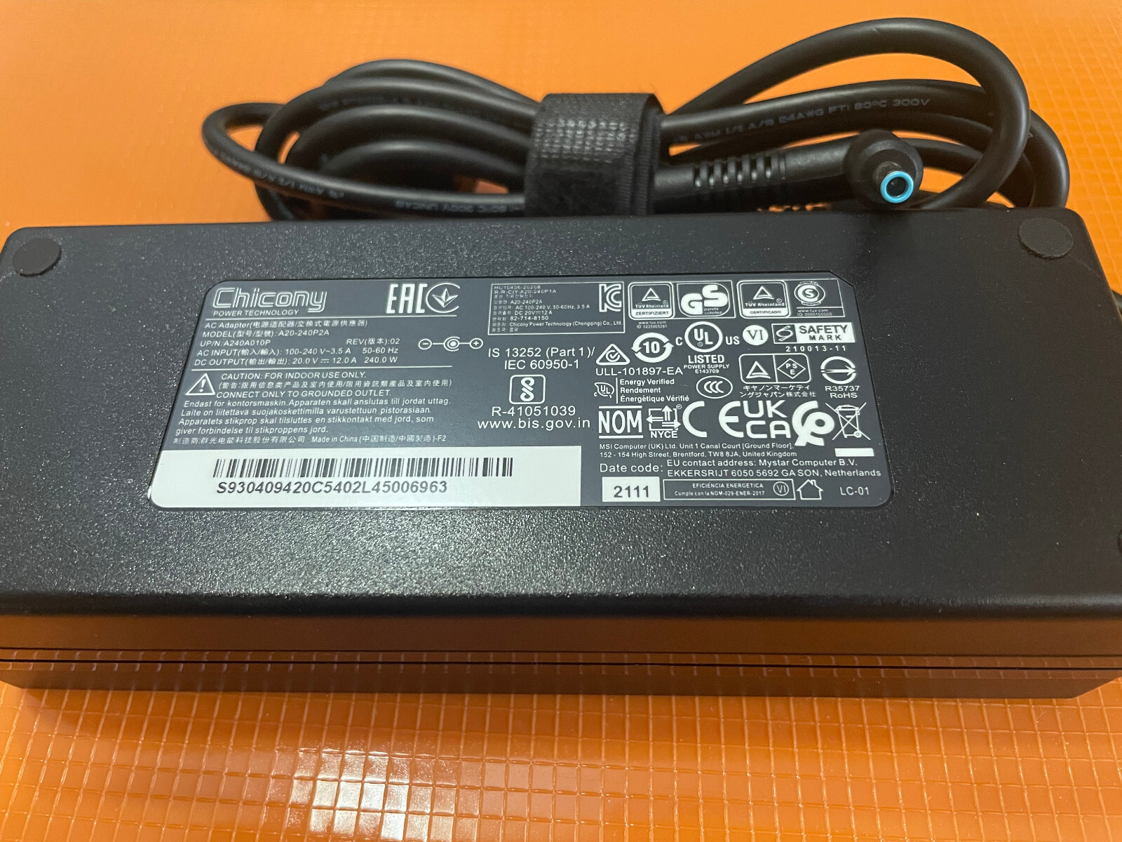 240w 20v Chicony Laptop Adapter for MSI Katana 15 B12V B12VFK V12VGK B13V 4.5mm