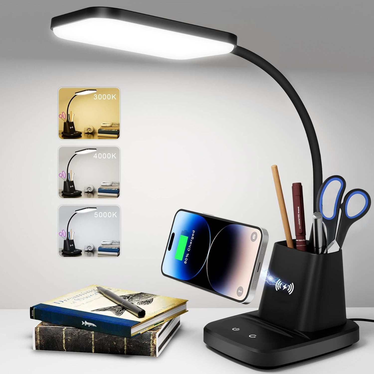Desk Lamp, LED Desk Lamps for Home Office, Wireless Charger Small Desk Lamp with