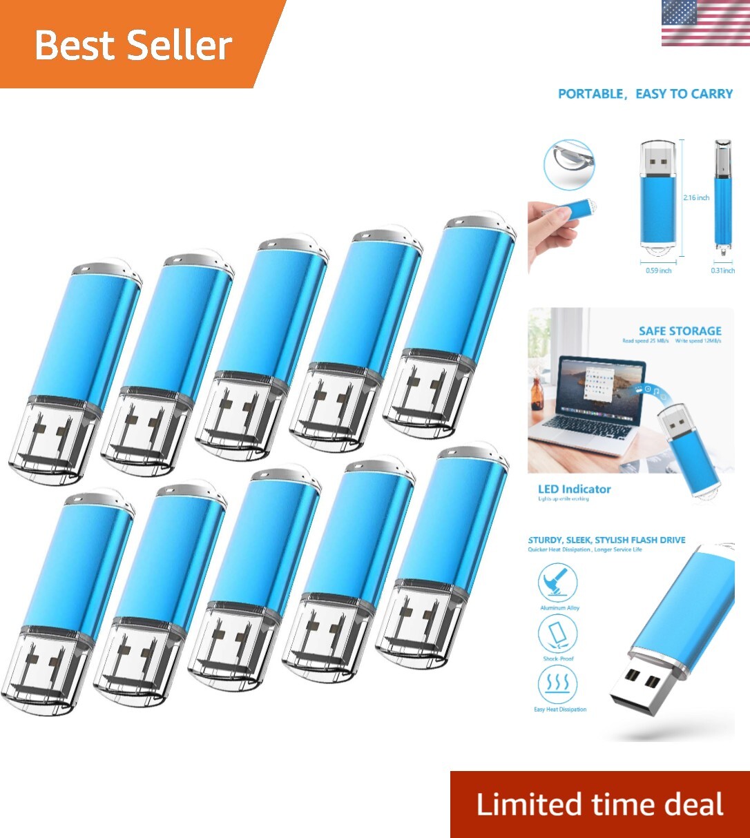 Value Pack of 10 - 16GB USB 2.0 Thumb Drives, Fast Read Speed & Durable Design