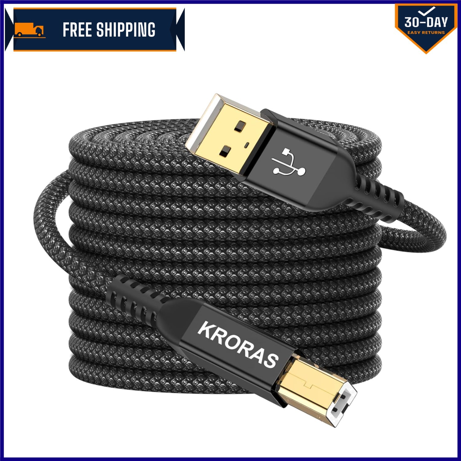 25FT Nylon Braided USB 2.0 Printer Cable, Male-to-Male for Fast Connections