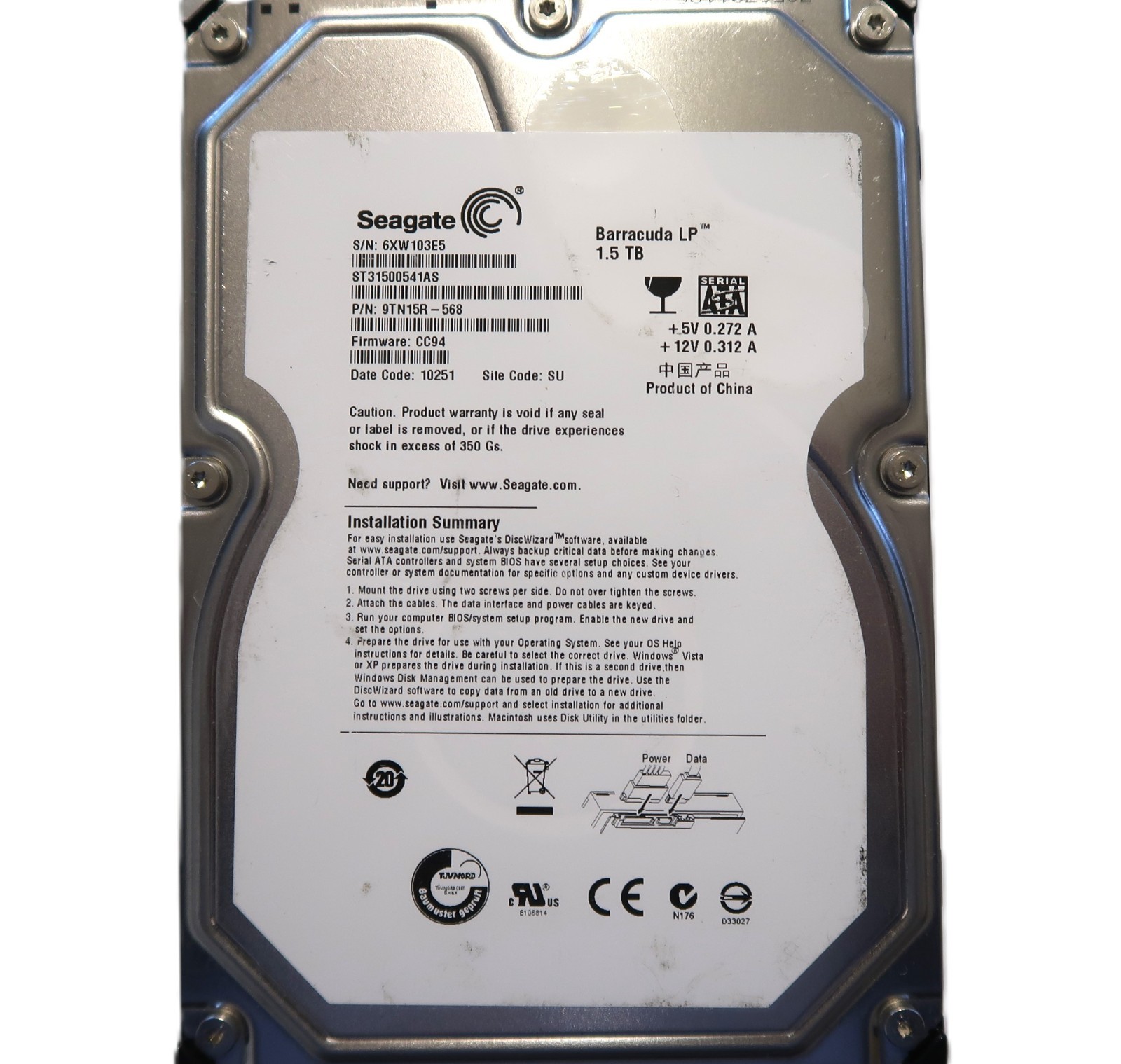 ST31500541AS PN: 9TN15R-568 FW: CC94 (6XW) SU China 3.5" 1.5TB Sata HDD DEC/2009