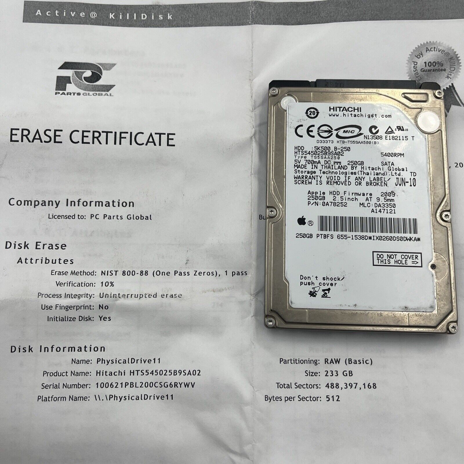 Hitachi HTS545025B9SA02 MLC:DA3190 Apple# 250gb  Sata HDD