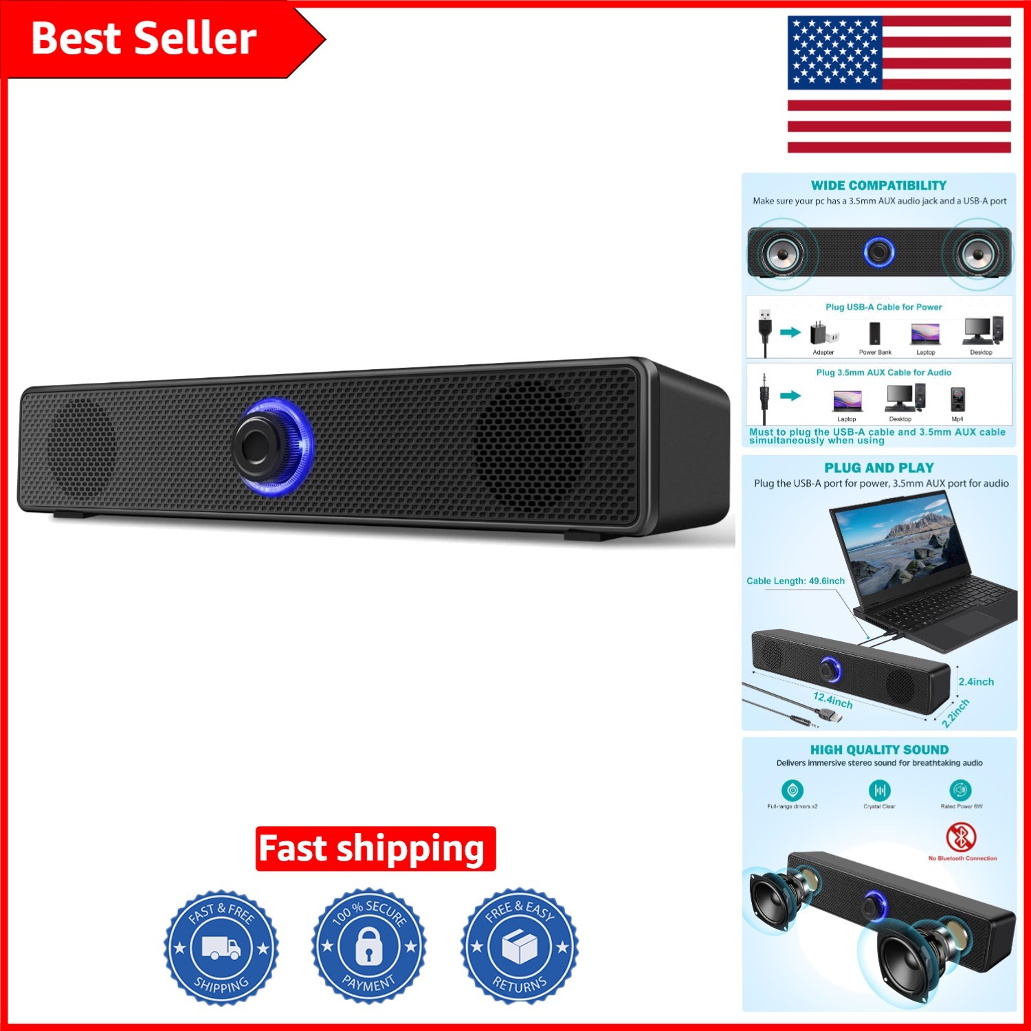 Sleek Desktop Stereo Speakers - USB-A Powered with 3.5mm AUX Plug for Easy Setup