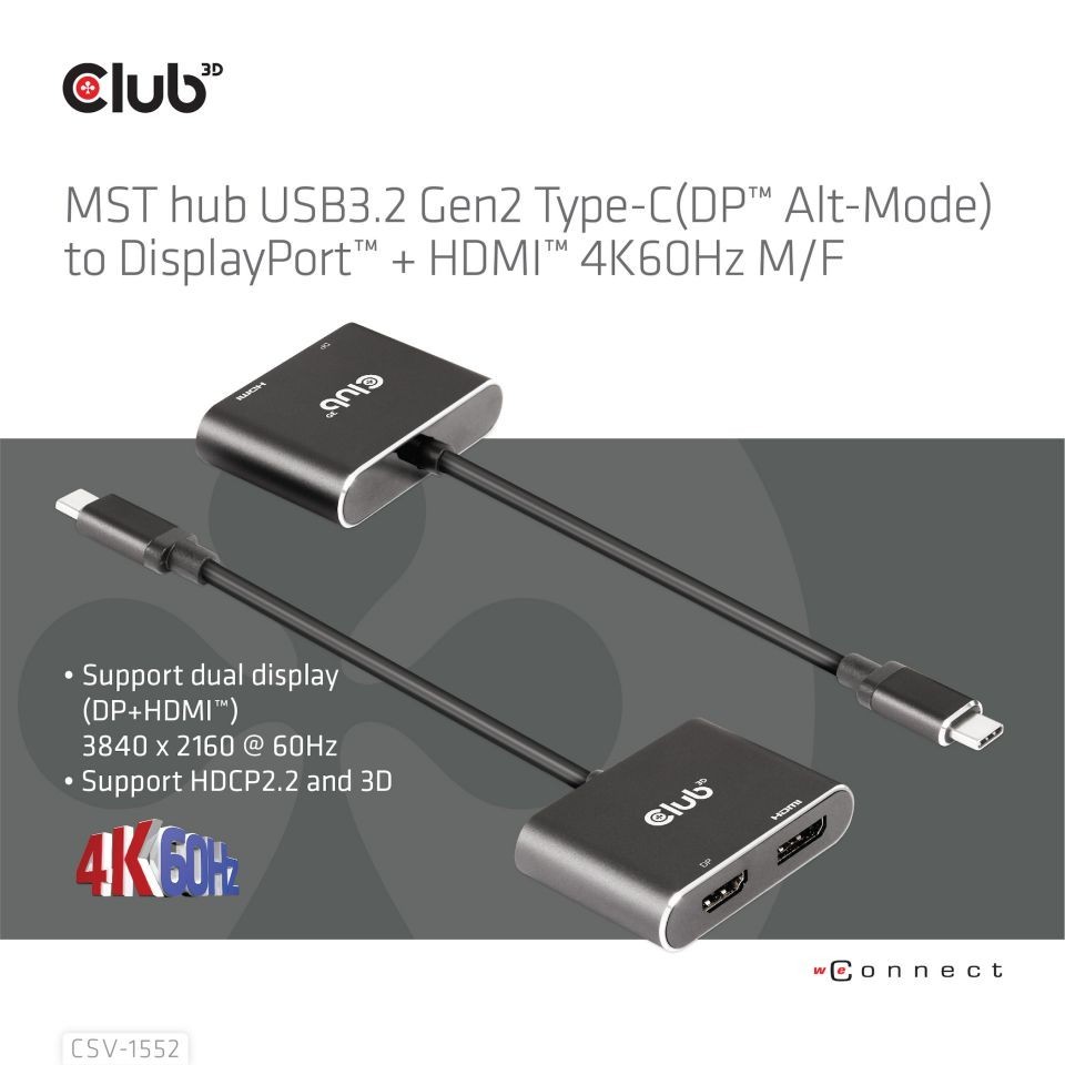 Club 3D CSV-1552 MST Hub – USB-C to DP + HDMI 4K60Hz Adapter (DP Alt Mode)