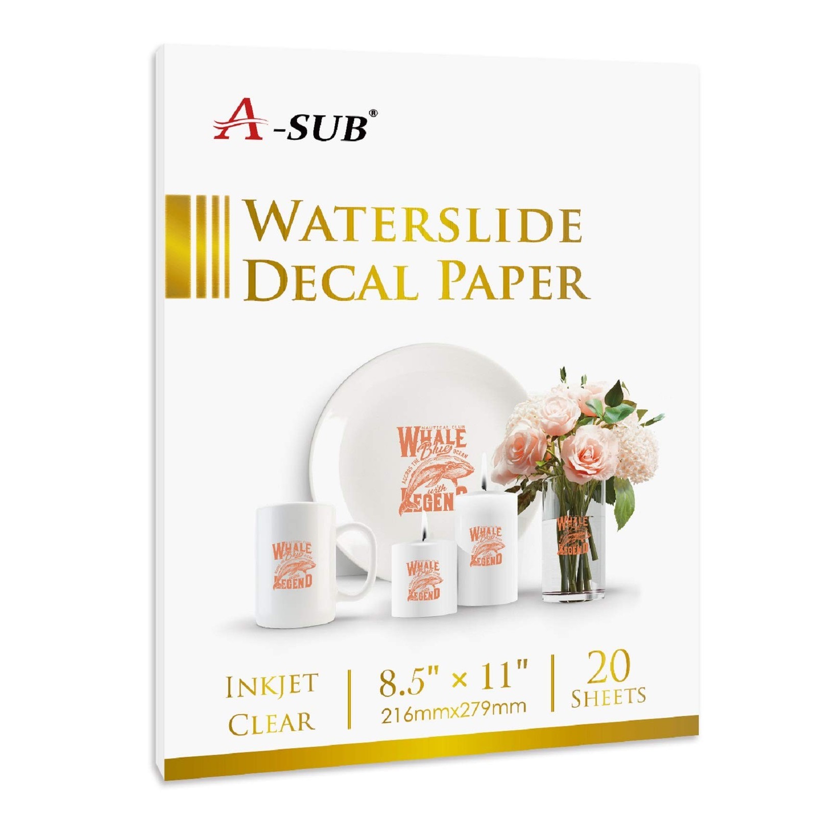 A-SUB Waterslide Decal Paper for Inkjet Printers 20 Sheets Clear Water Slide ...