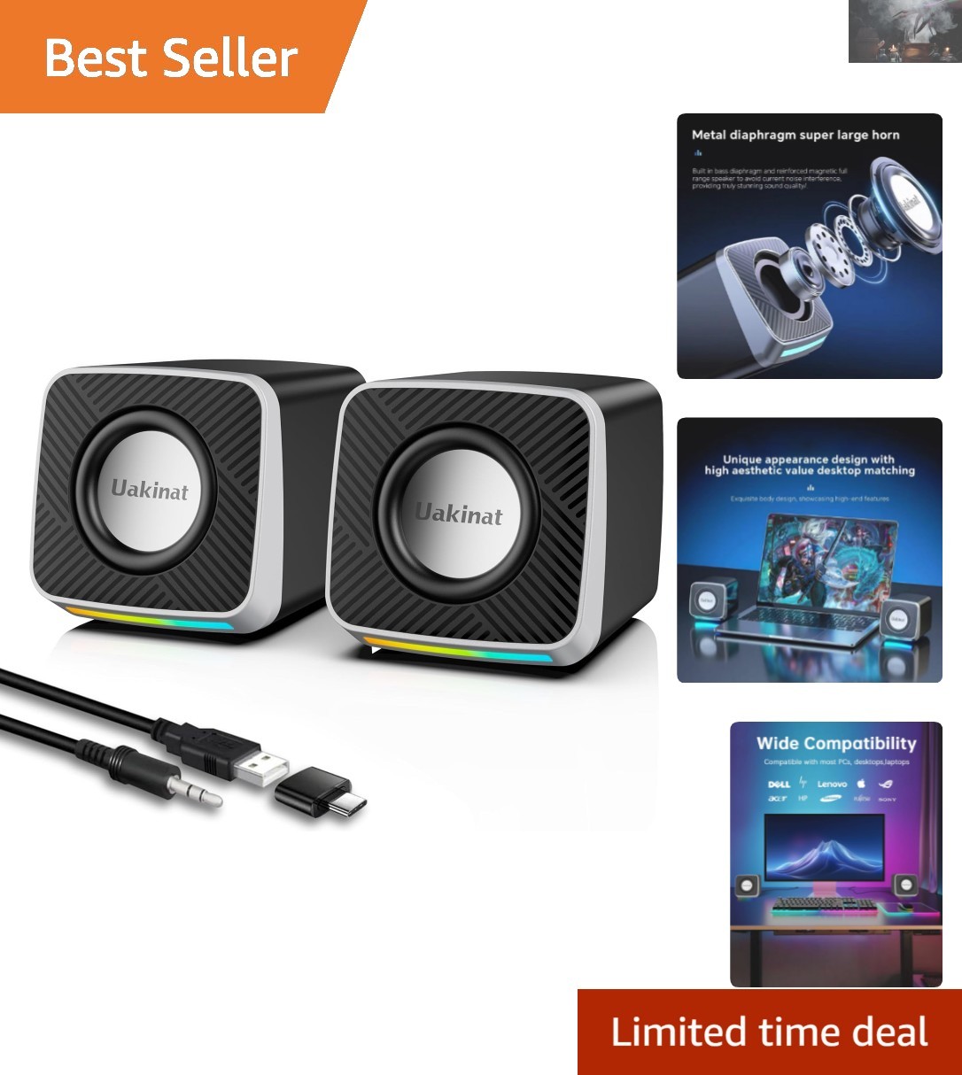 Compact USB Powered Stereo Desktop Speakers with LED Light - Easy Plug-and-Play