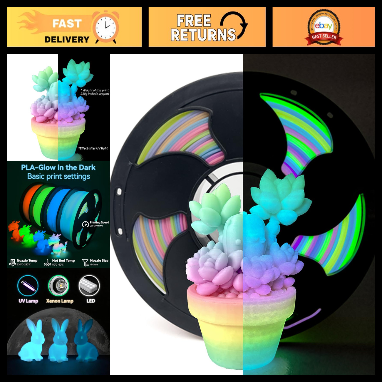 Glow in the Dark Rainbow 3D Printer Filament 1.75mm 1kg Luminous PLA FDM