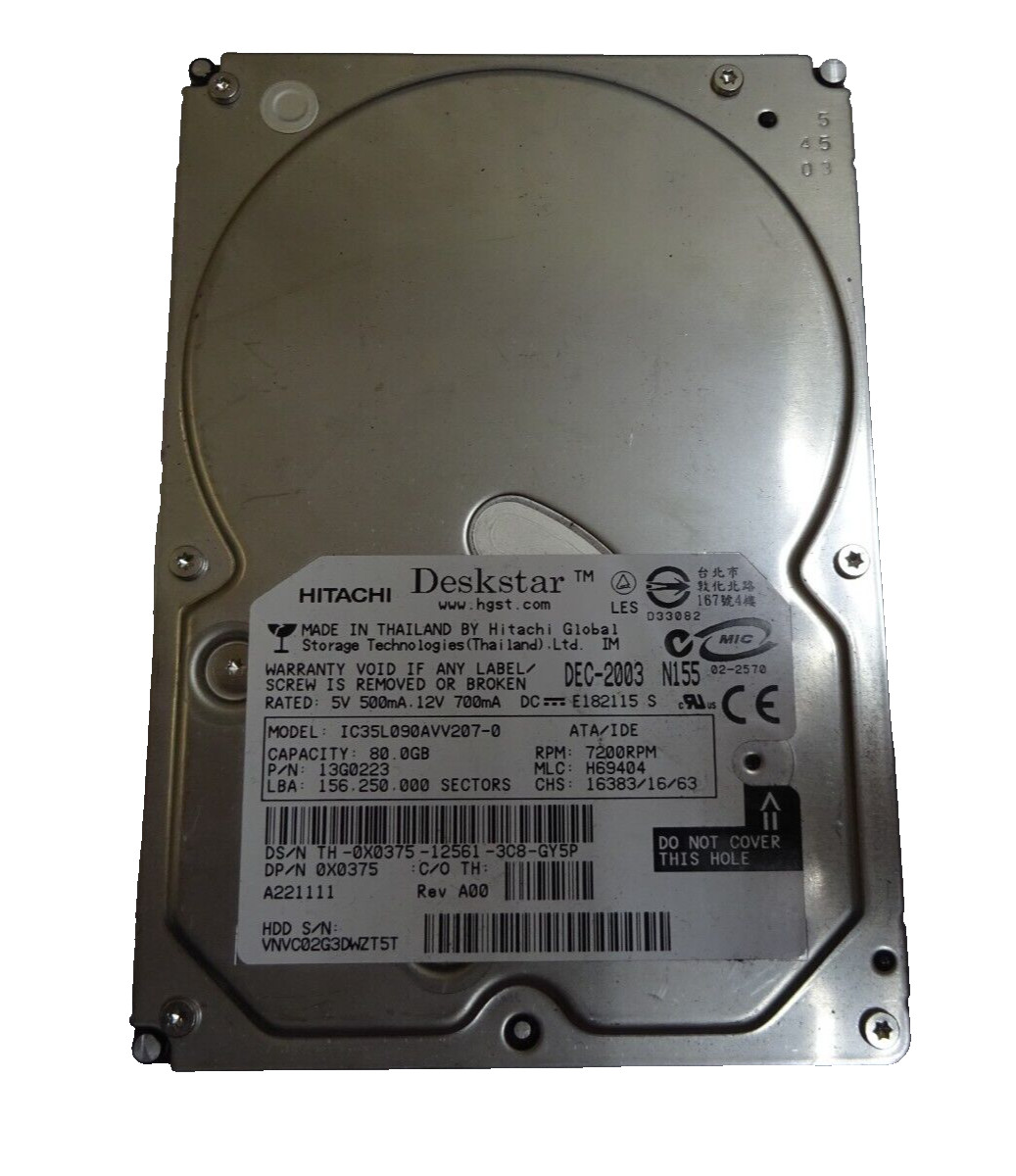 80GB IDE HITACHI DESKSTAR IC35L090AVV207-0 S/N: VNVC02G3DWZT5T 3.5 " #FP4178