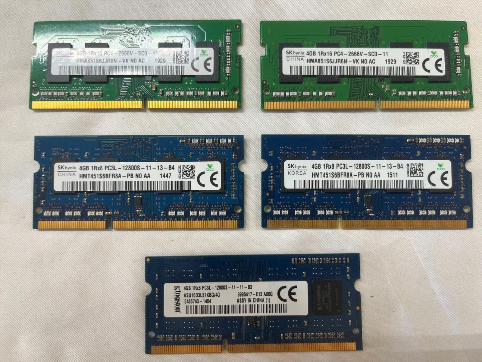 (Lot of 5)Hynix/King 2x HMT451S6BFR8A-PB/2x HMA851S6JJR6N-VK/1x ASU16D3LS1KBG/4G