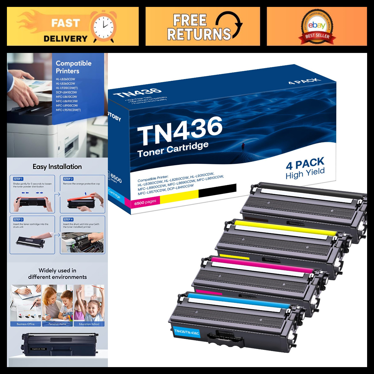 High-Quality Compatible Toner Cartridge 4 Pack for Brother TN436, TN433, TN431 -