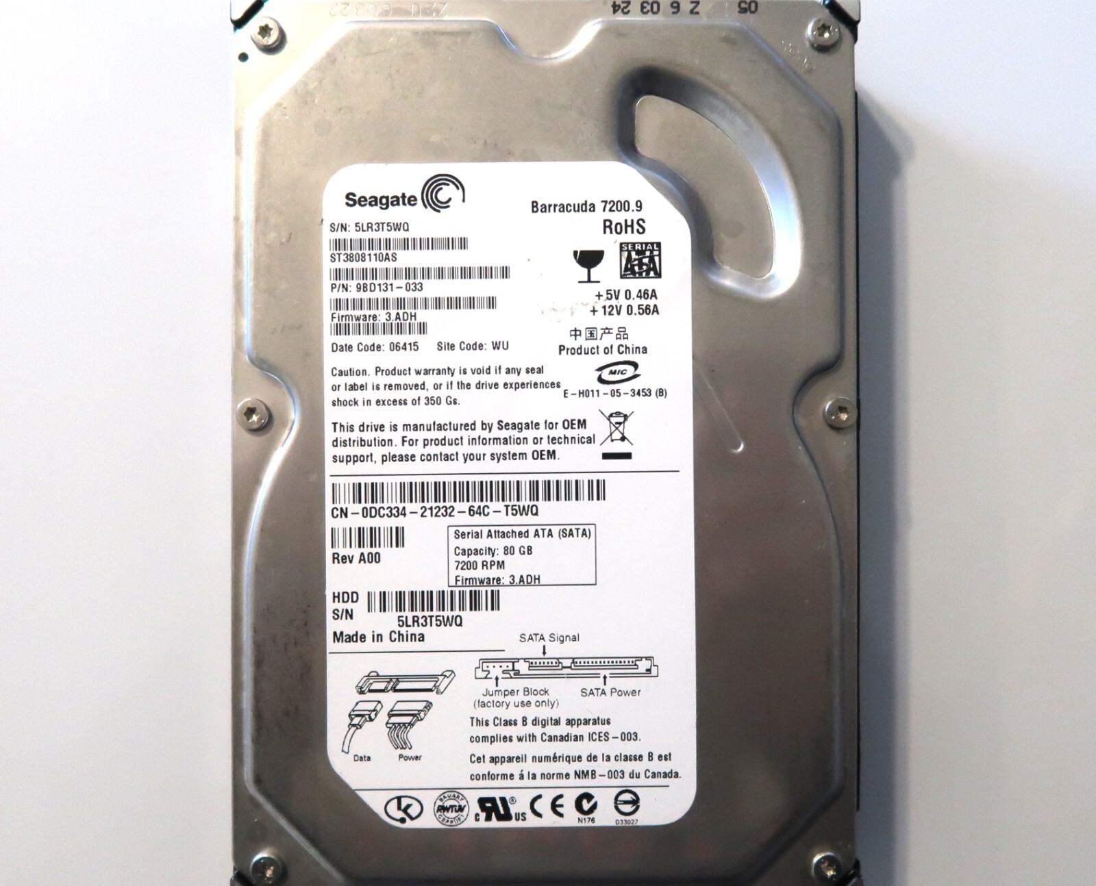 Seagate ST3808110AS 9BD131-033 3.ADH (5LR3) WU China 80gb 3.5" Sata HDD 04/2006