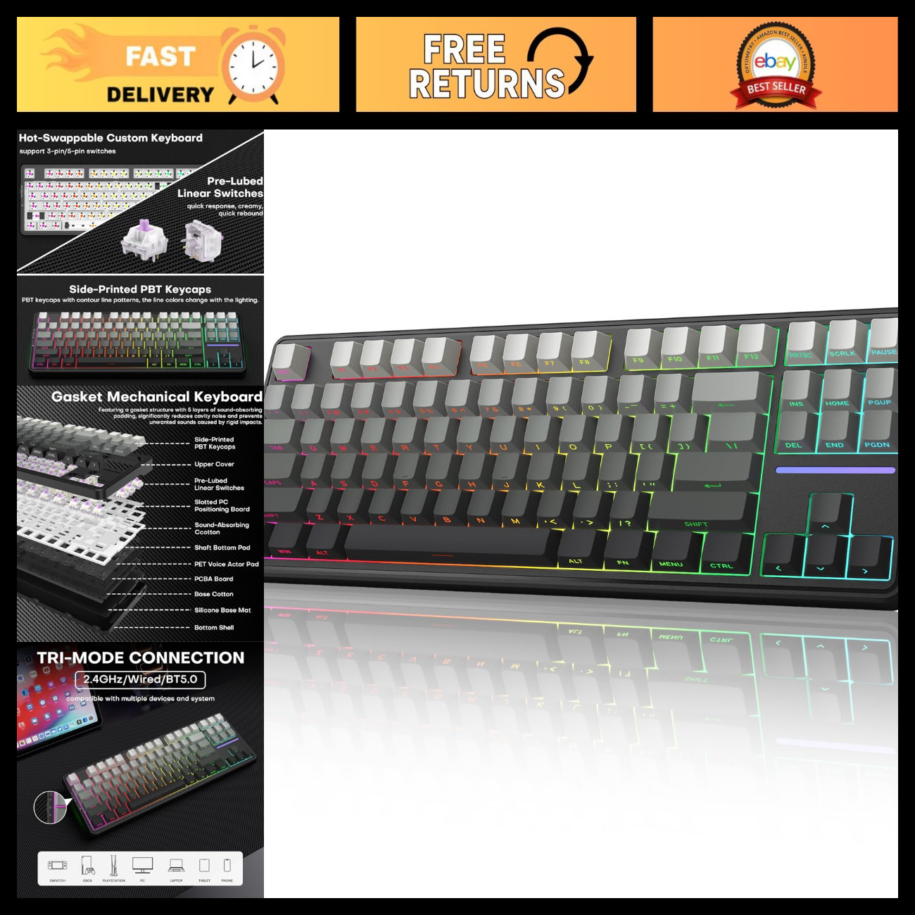 Wireless Mechanical Gaming Keyboard - Tri Mode 2.4GHz/USB-C/BT5.0, Hot Swappable
