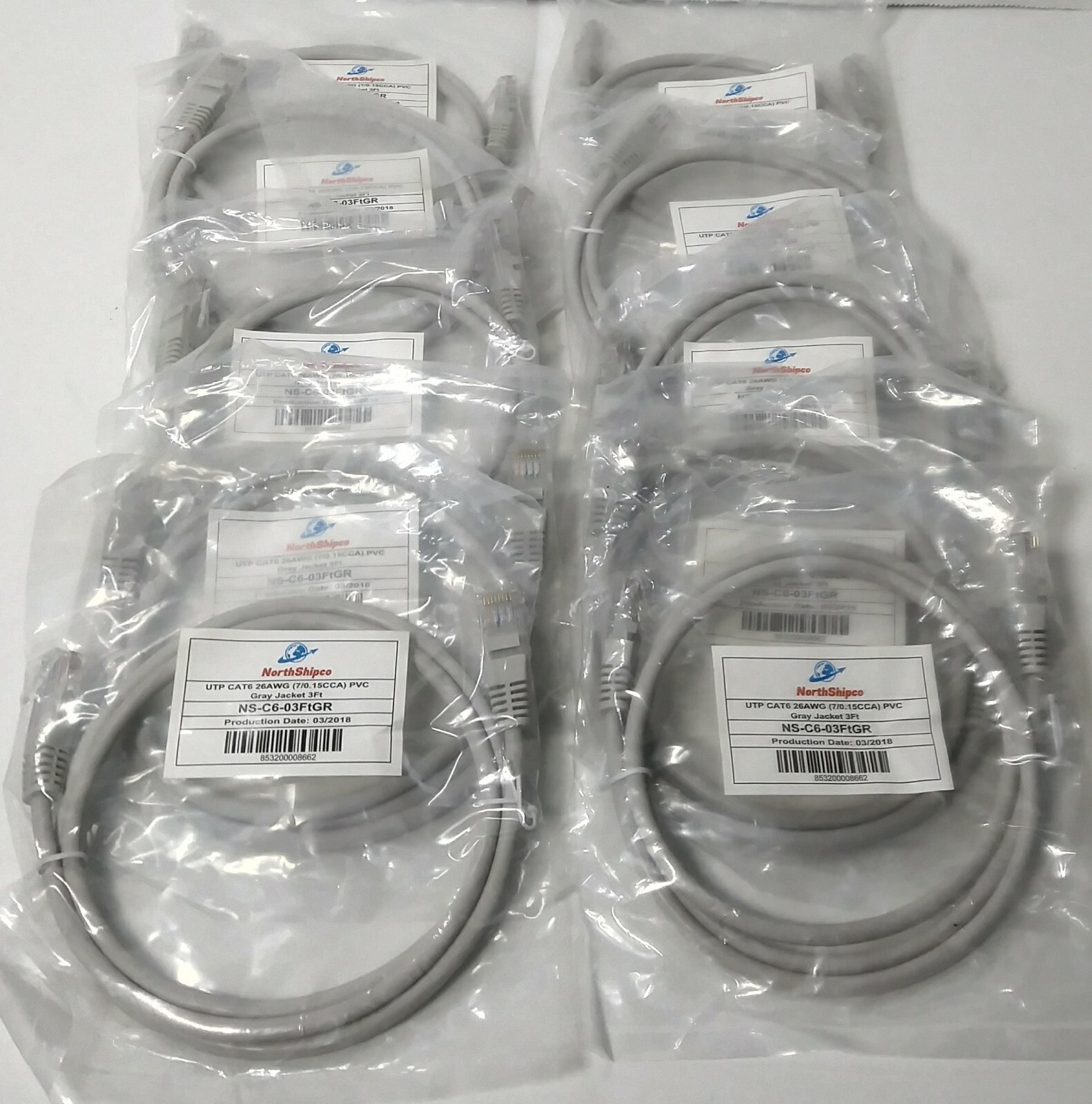 NorthShipco Cat6 3Ft Gray Cable 26AWG 10Pk