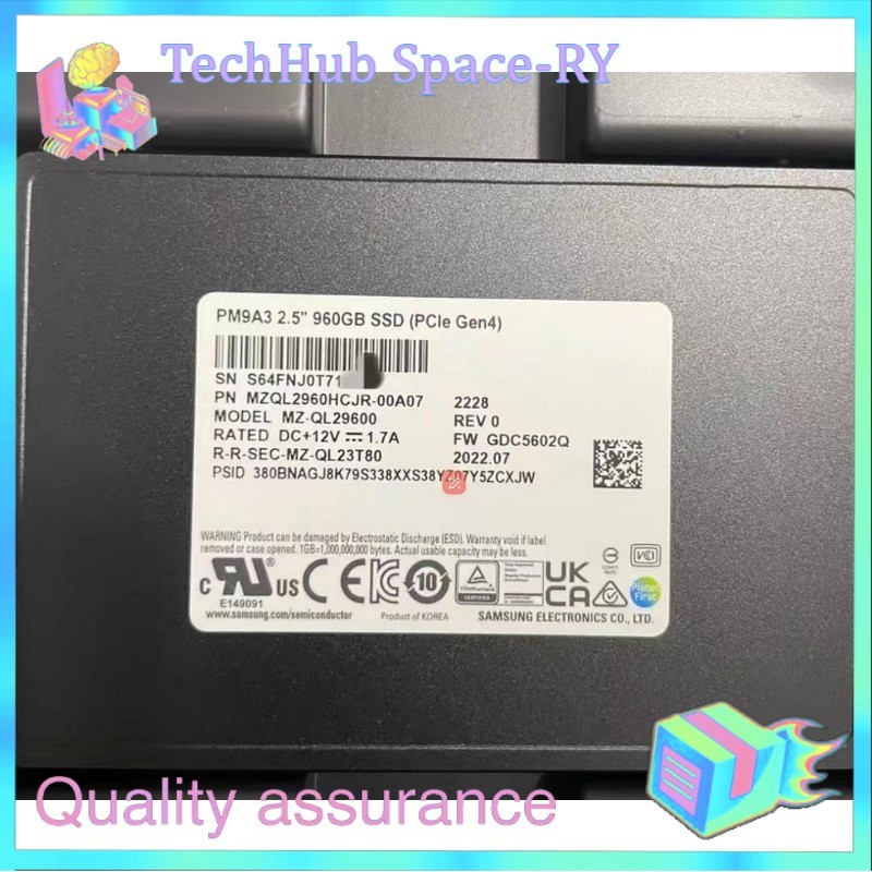 New Samsung PM9A3 960GB 2.5” SSD U.2 PCle 4.0 X4 MZQL2960HCJR-00A07、00BAL