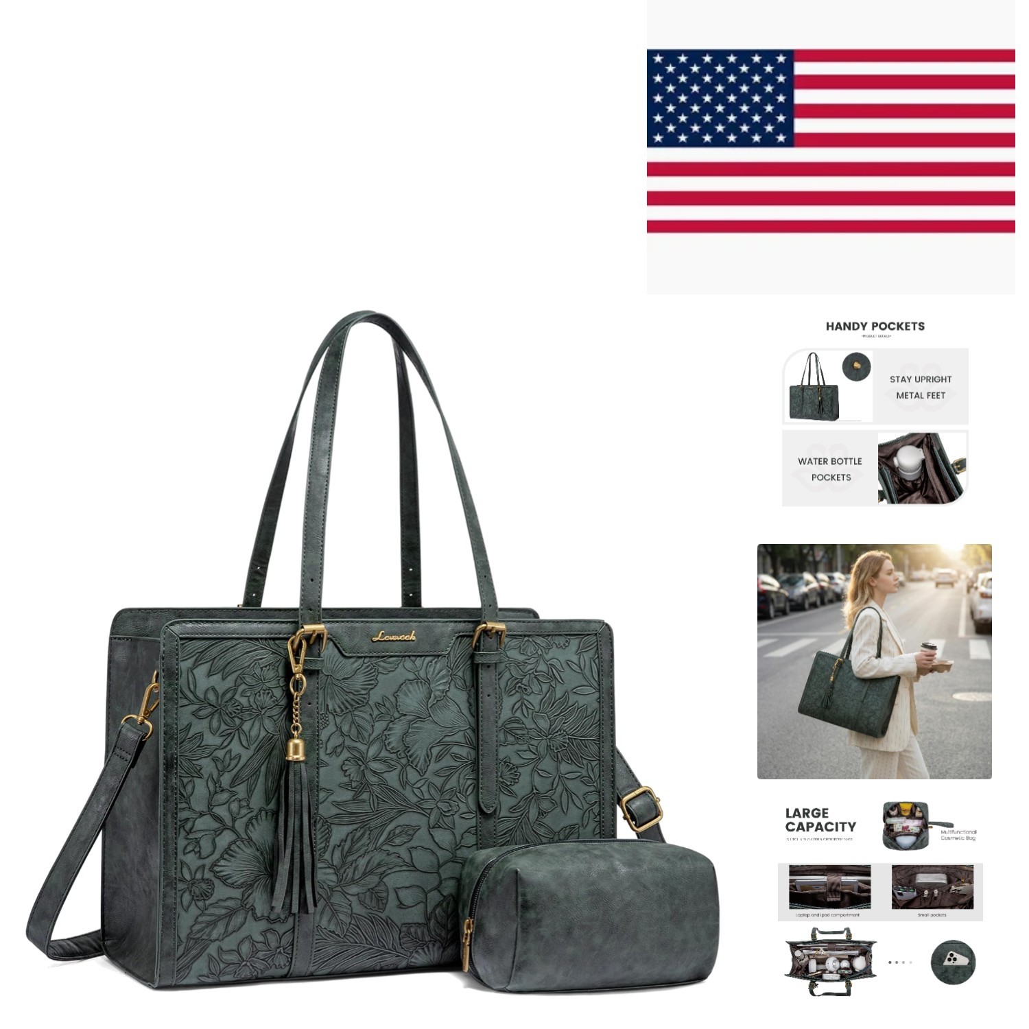 Large Capacity Green Laptop Bag for Women 15.6” - Vintage Style & Chic Design