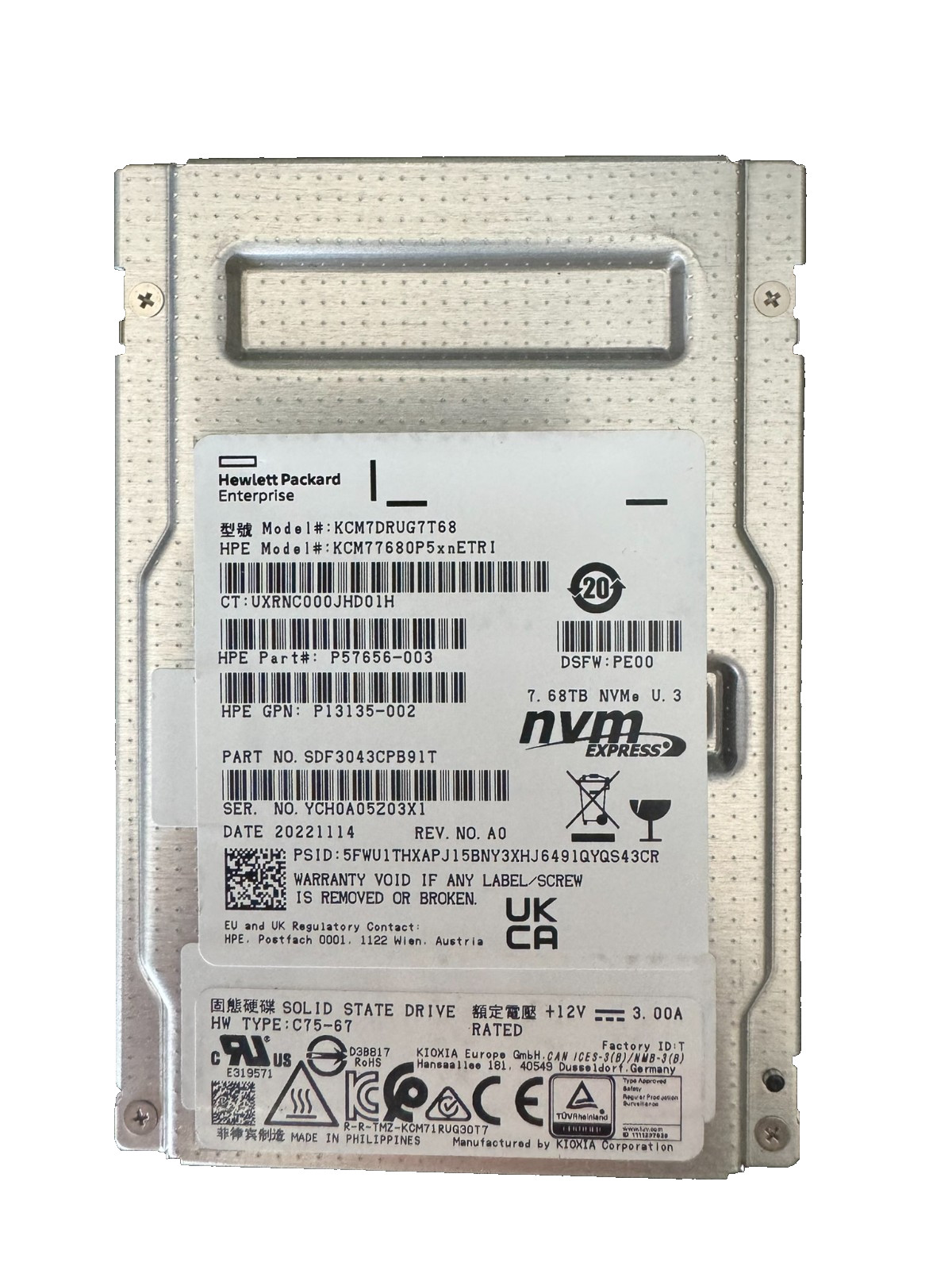 HPE Toshiba KIOXIA 7.68TB 2.5" PCIe Gen4 x4, NVMe, U.3 SSD/Less HOURs/93% HEALTH