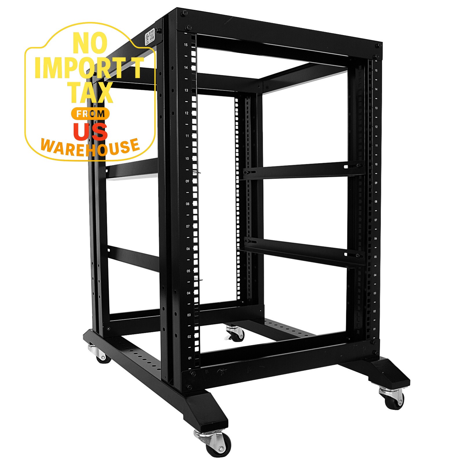 15U 4 Post Open Frame 19" Server Steel Rack 24" Deep With Supporting rails usa