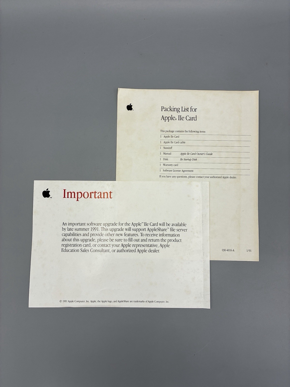 Rare 1991 APPLE Computer Paperwork Product Info Packing List Apple IIe