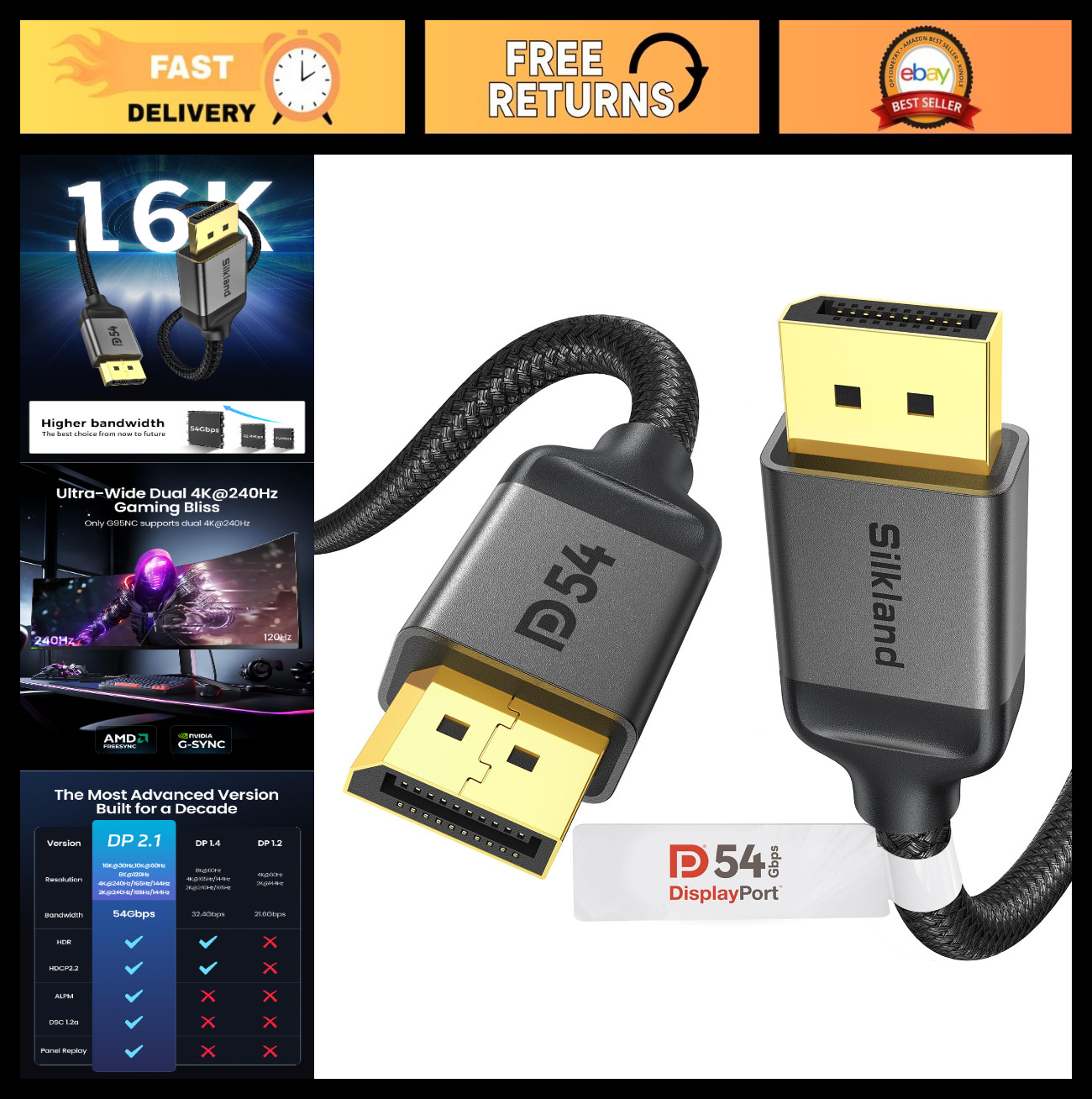 54Gbps DisplayPort 2.1 Cable 16K@30Hz, 8K@120Hz, 4K@240Hz, HDR, G-Sync, FreeSync