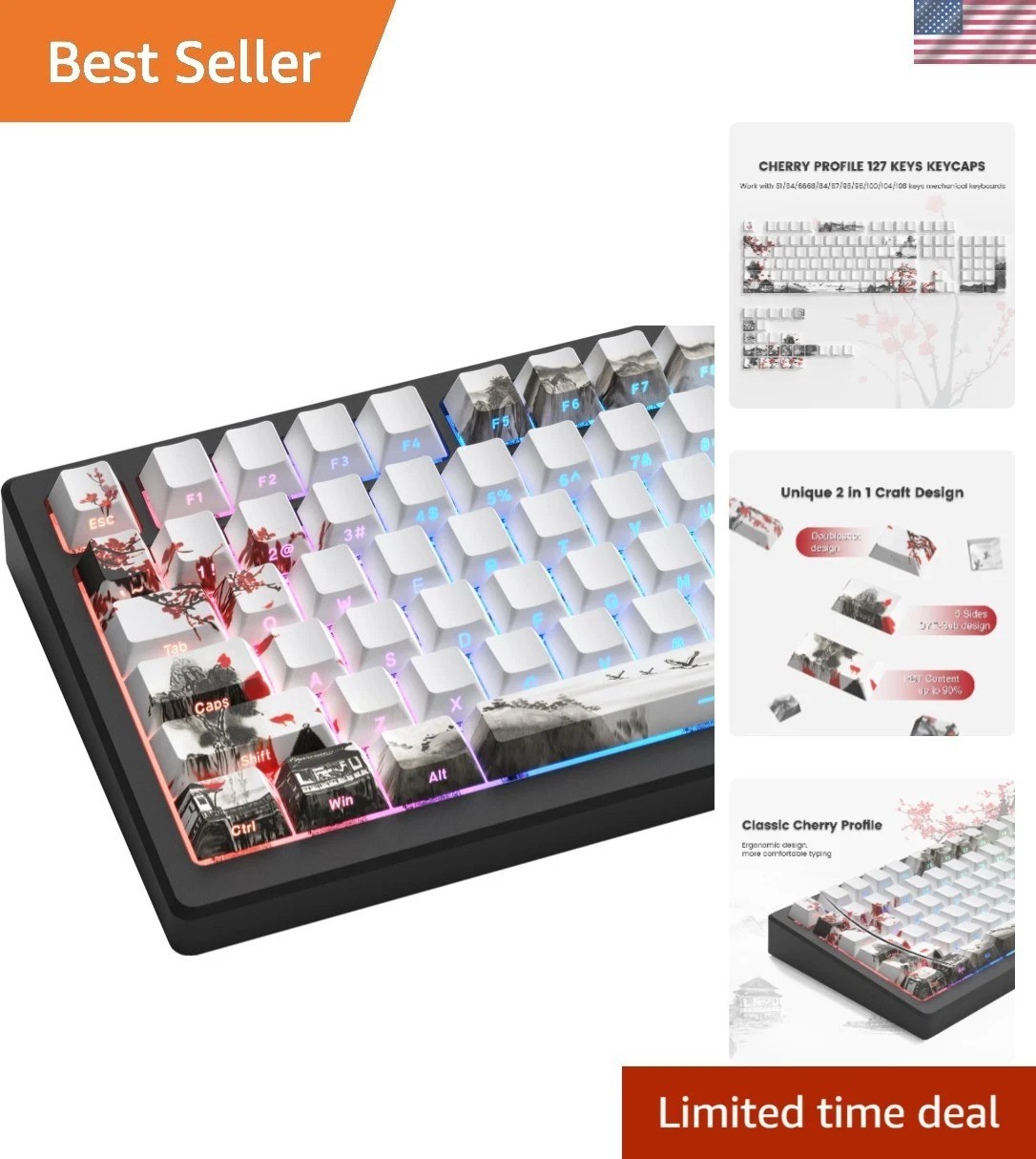 Womier PBT Keycaps Set 130 Keys, Custom White Japanese Keyboard Doubleshot Dy...
