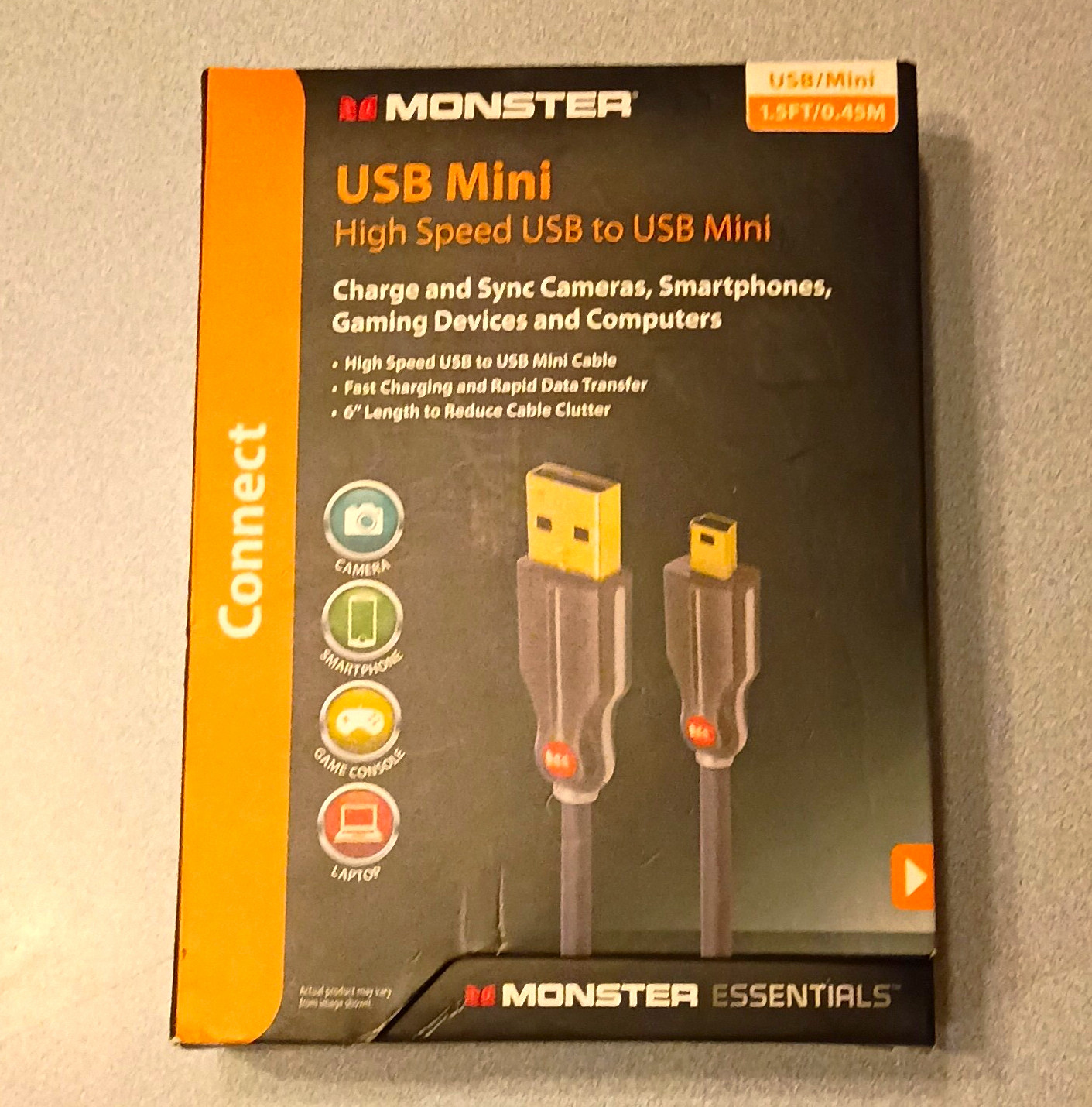 Monster Essentials High Speed Gold-Plated USB-A to Mini USB Cable 1.5 ft Gray