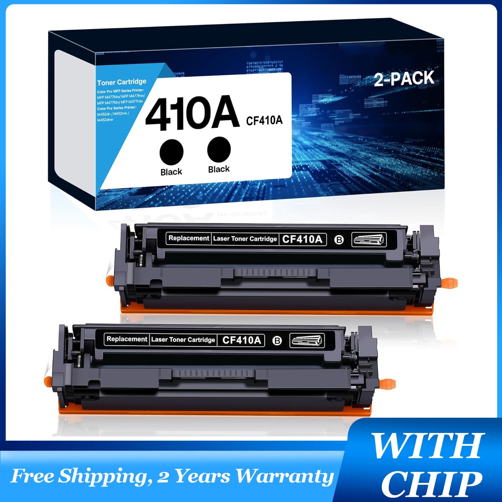 2-Pack CF410A Black Toner with Chip for HP 410A LaserJet Pro M452dw MFP M477fnw