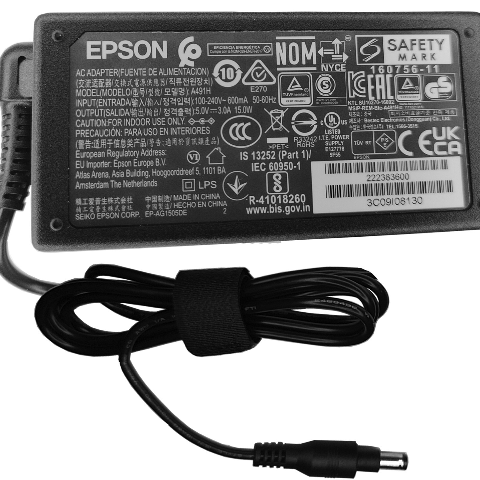 Genuine Epson 5V 3A AC/DC Adapter A491H A492E Fr Workforce ES-200 ES-300W DS-320