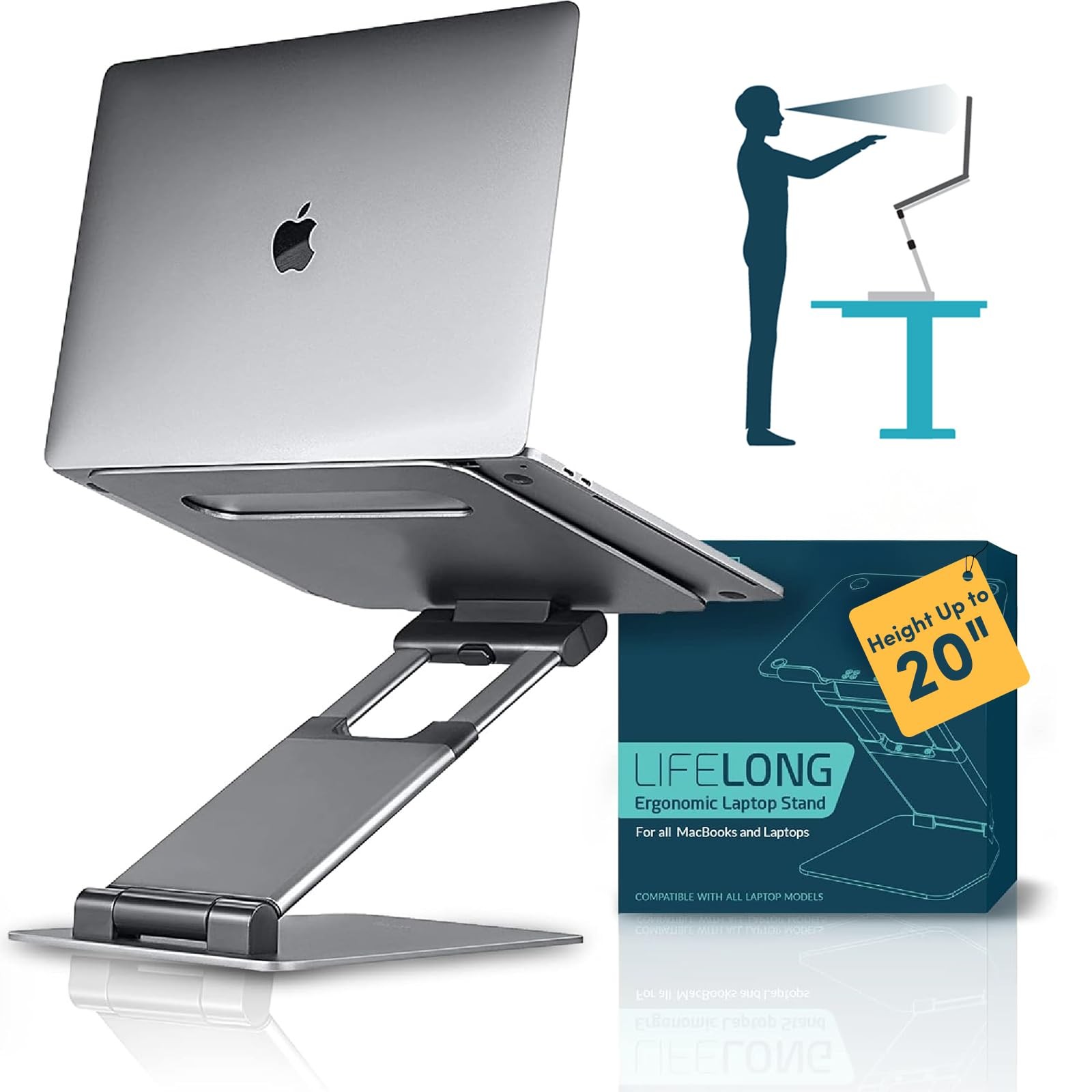 Lifelong Ergonomic Adjustable Laptop Stand for Desk, Extra Tall 20â€ Height ...