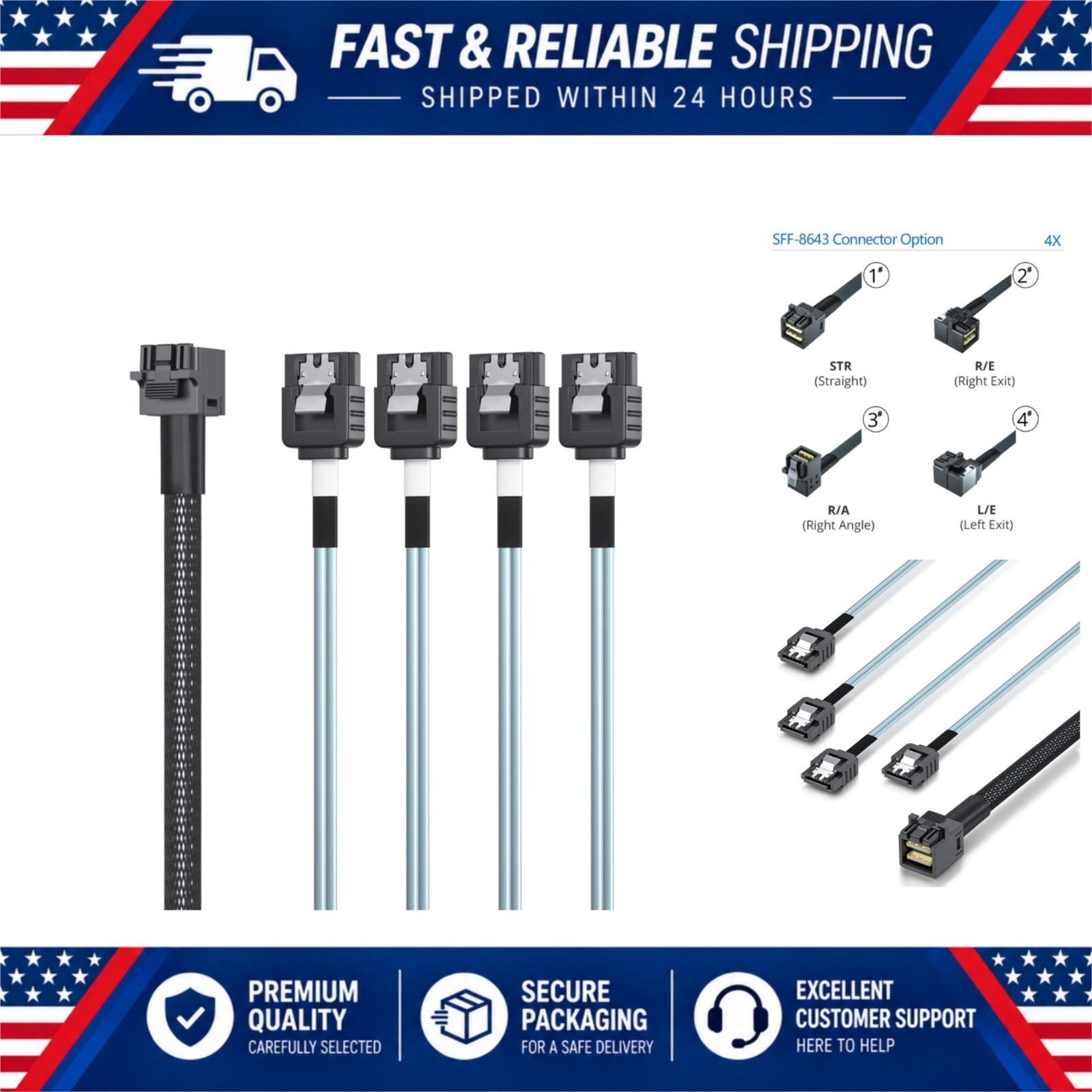 10Gtek Mini SAS HD SFF-8643 to 4x SATA Breakout Cable 0.75m for RAID JBOD