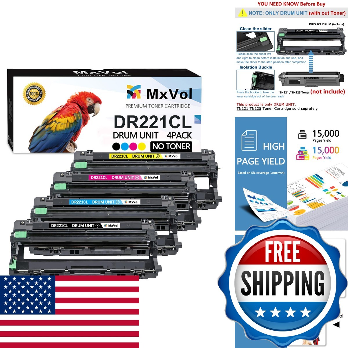 MxVol DR221CL Drum Unit Replacement For Brother DR221CL DR-221CL, 4-Pack