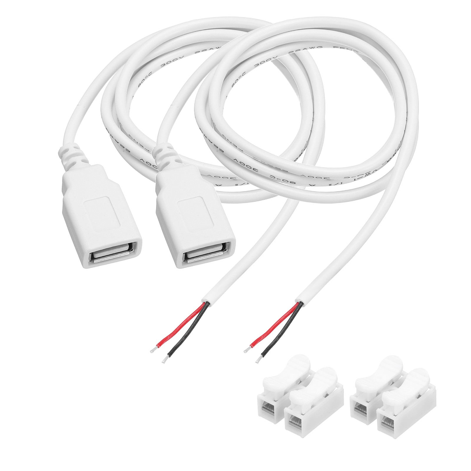 2Pcs USB Plug Pigtail, 1M/3.2FT Female 22 AWG 5V 3A with Wire Connector, White