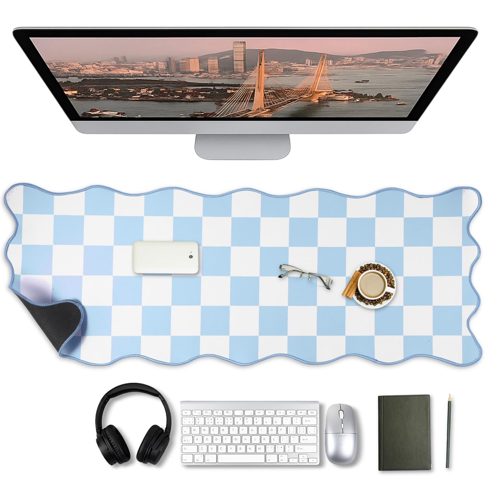1 PCS Blue Scalloped Checkered Desk Mat 31.5 x 11.8 Inch Non Slip Rubber