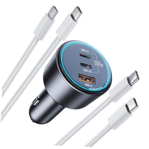 200W Super Fast Car Charger, Adapter with 2×100W USB C to C Cables,