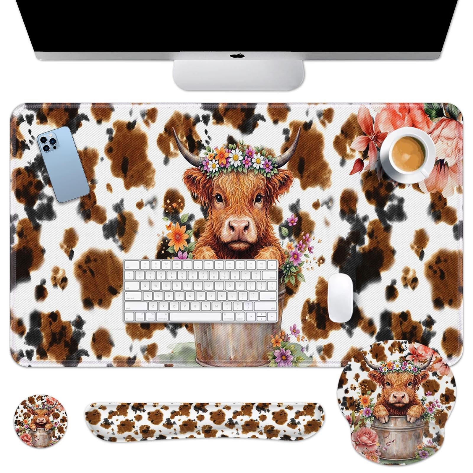 Highland Cow Flower Desk Mat Leaves Cartoon Print Mouse Pad Set 4 in 1 Ergono...