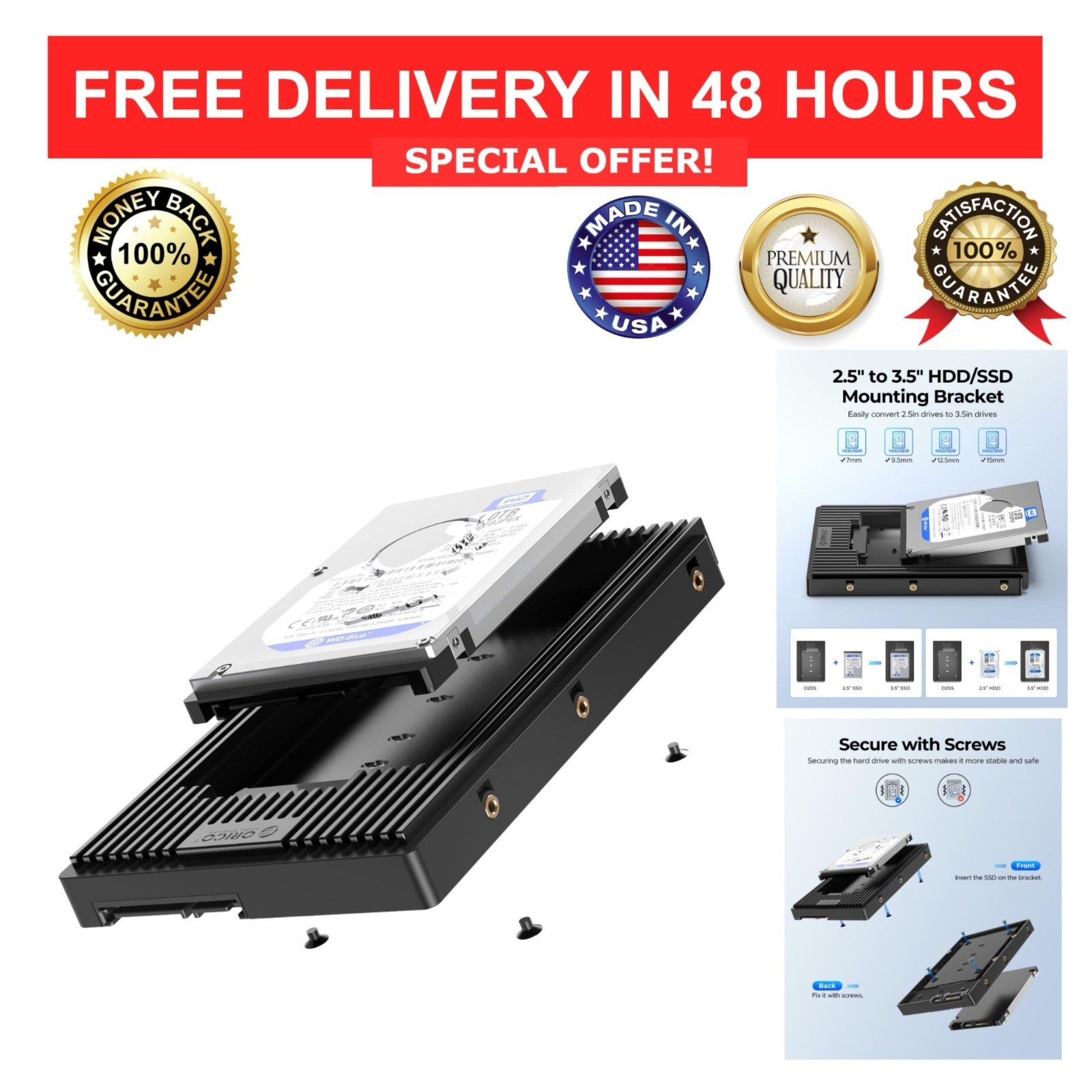 ORICO 2.5 to 3.5 SATA Hard Drive Adapter Mounting Bracket SSD HDD Caddy