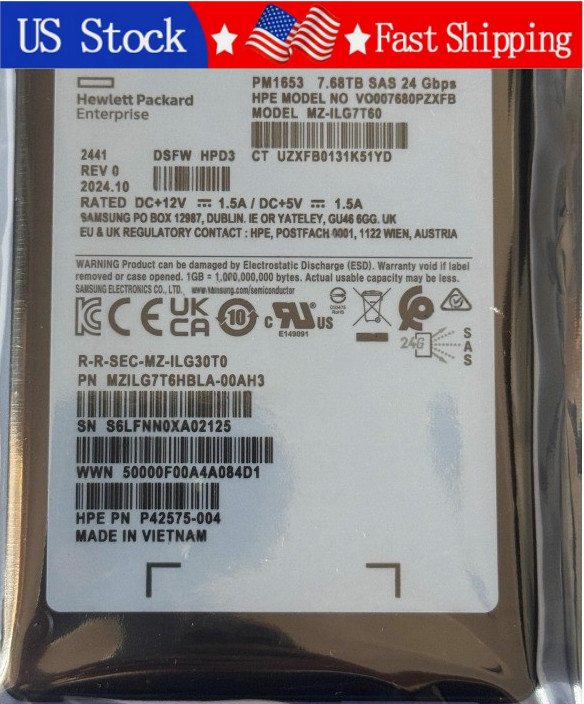 Used Samsung MZILG7T6HBLA-00AH3 PM1653 7.68TB SAS 2.5" 24Gbps SSD HPE