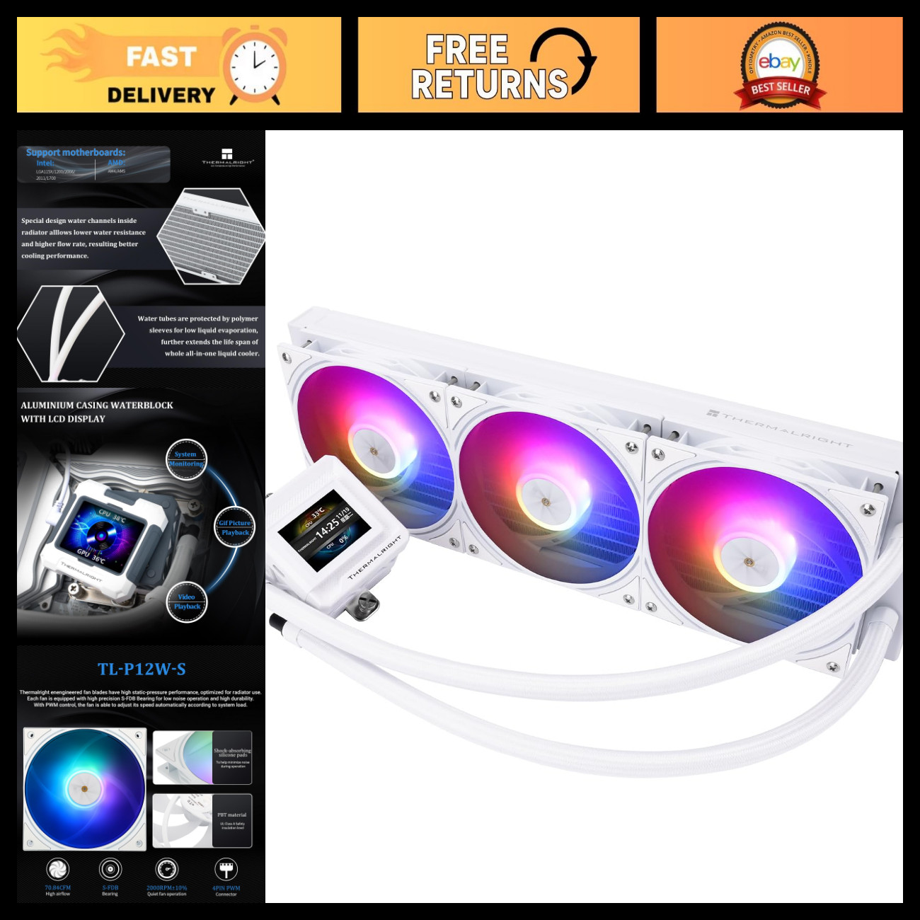 High-Performance 360mm ARGB White AIO CPU Liquid Cooler - Thermal Management Sys
