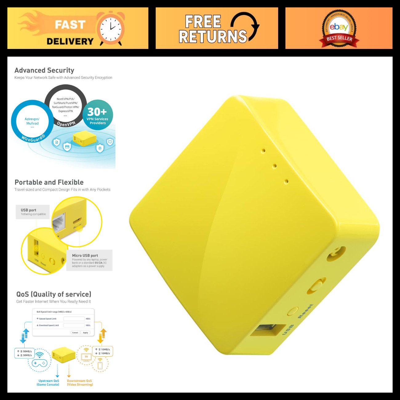 Portable Mini Travel WiFi Router - VPN, 2 Ethernet Ports, USB 2.0, OpenWrt, Easy