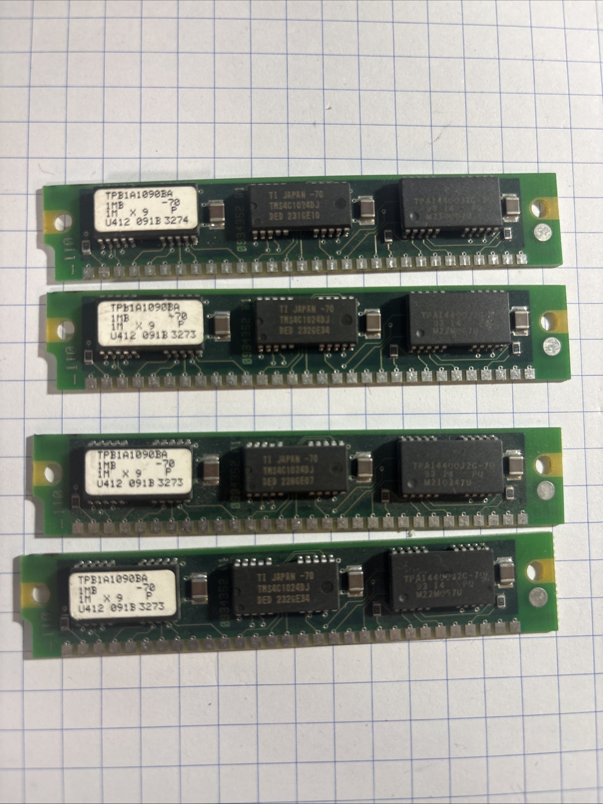 4MB Kit (4x 1MB) 30-Pin SIMM RAM 70ns Parity 1Mx9 TI Vintage 286 386 486 Memory