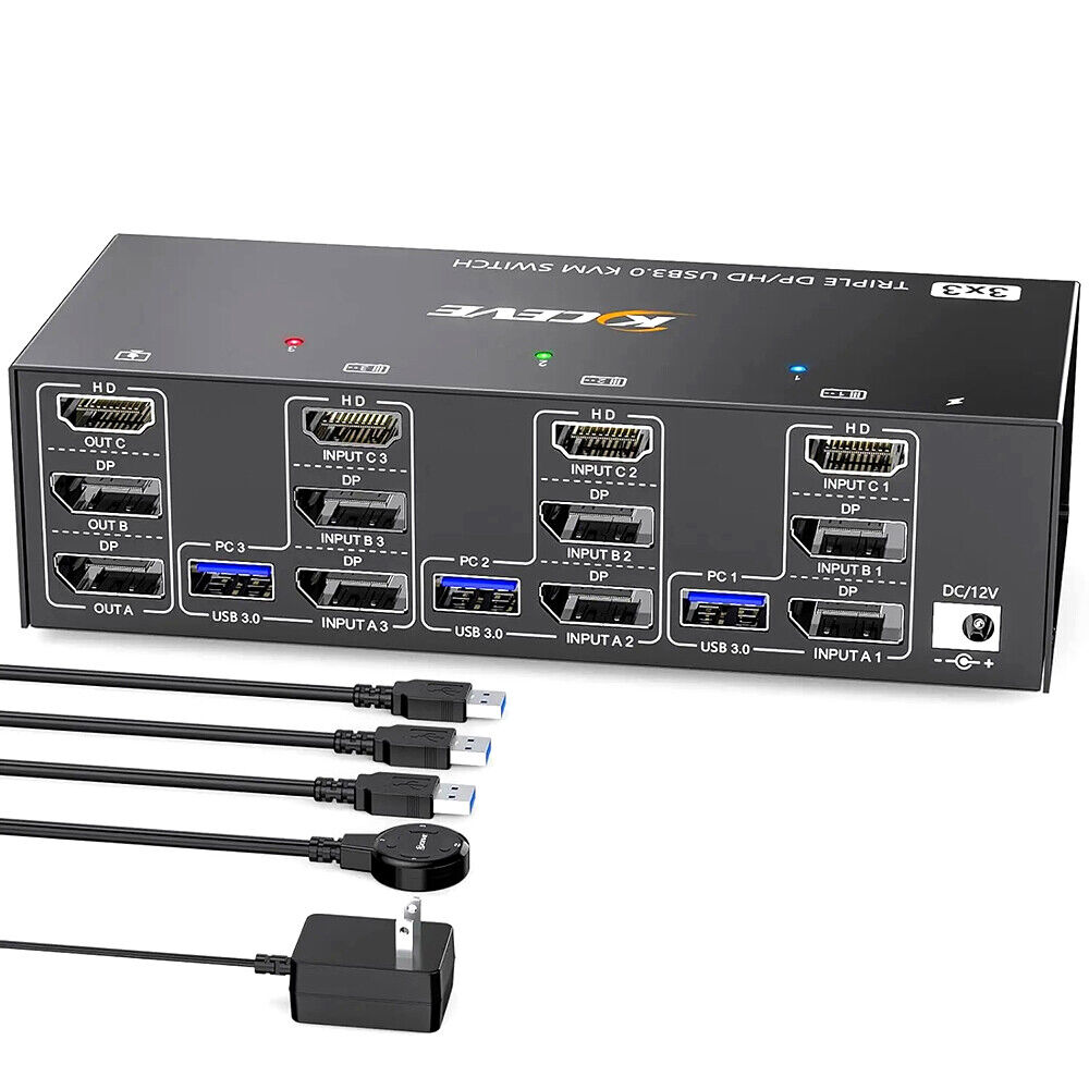 8K HDMI KVM Switch 3 Monitors 3 Computers, 8K@60Hz 4 Port HDMI 2.1 W/ 4 USB Port