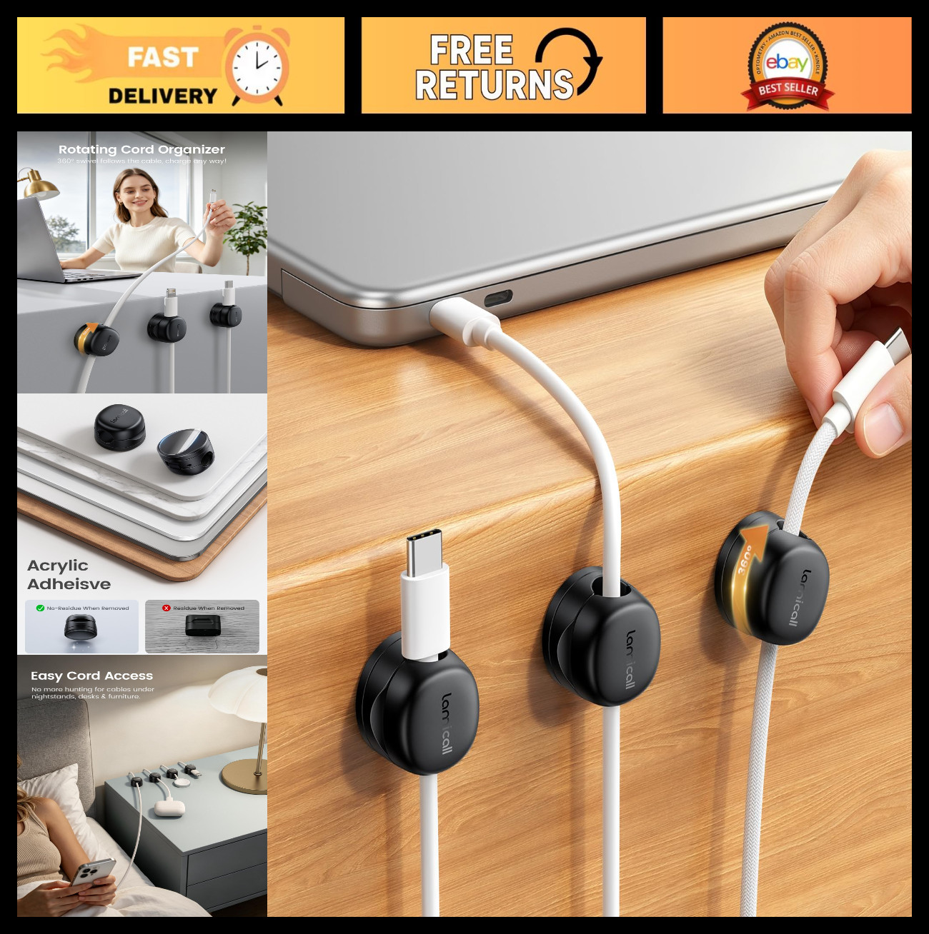 6 Pack Magnetic Cord Organizer Clips | Rotating Cable Management for Desk, Wall,