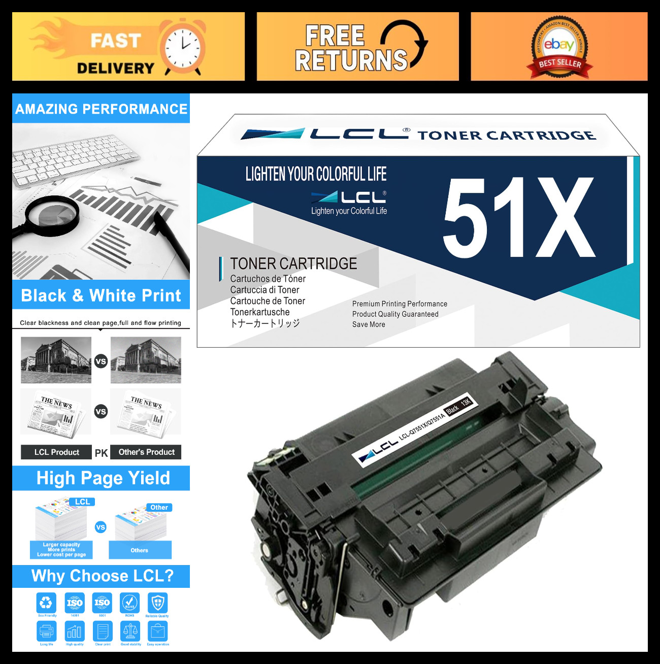 High Yield Black Toner Cartridge Replacement for HP 51X Q7551X - Compatible for