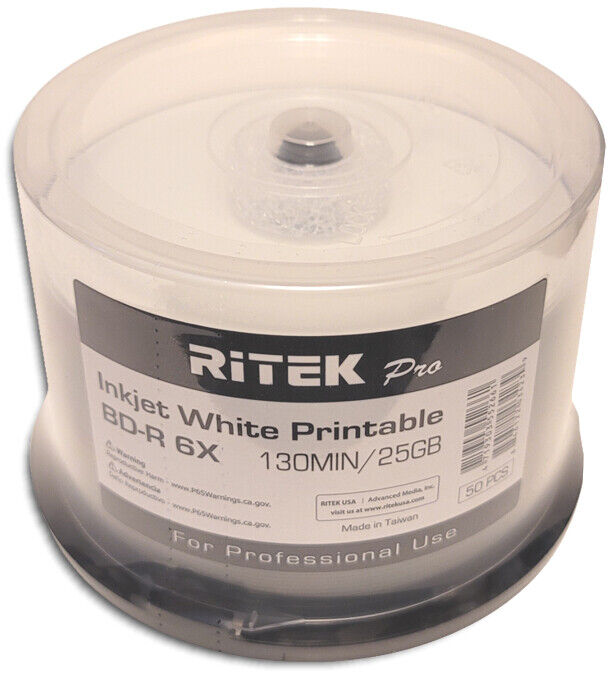50-Pak 25GB Ritek Pro White Inkjet Hub Printable BLU-RAY BD-R's in Cakebox
