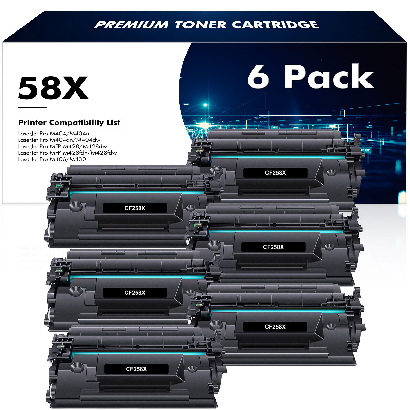 6PK CF258X 58X Toner Compatible With HP LaserJet Pro M404dn MFP M428fdw NO CHIP