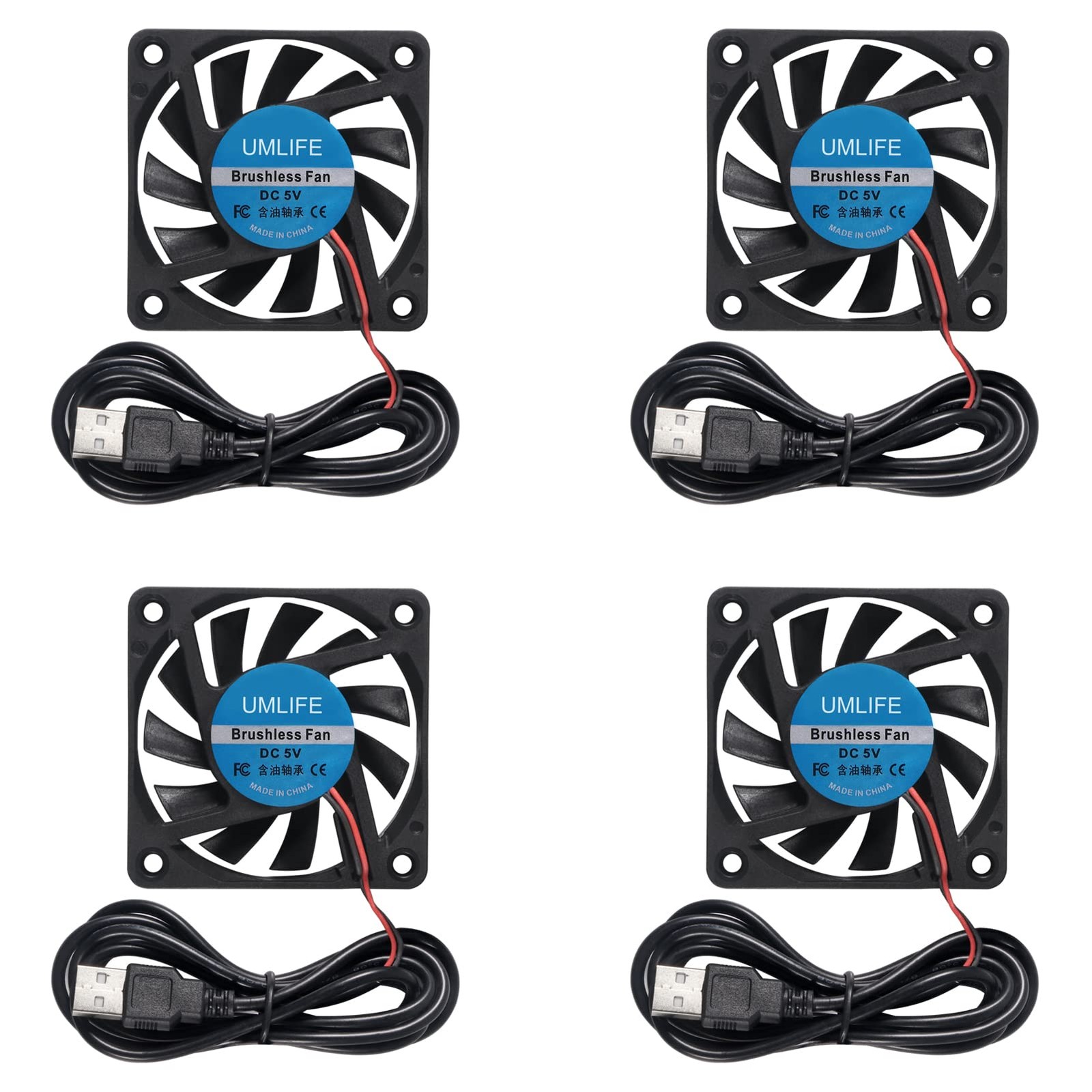 UMLIFE 60mm Fan, 4-Pack 5Volt 0.18A USB 60x60x10mm 6010 Brushless 6010 5V